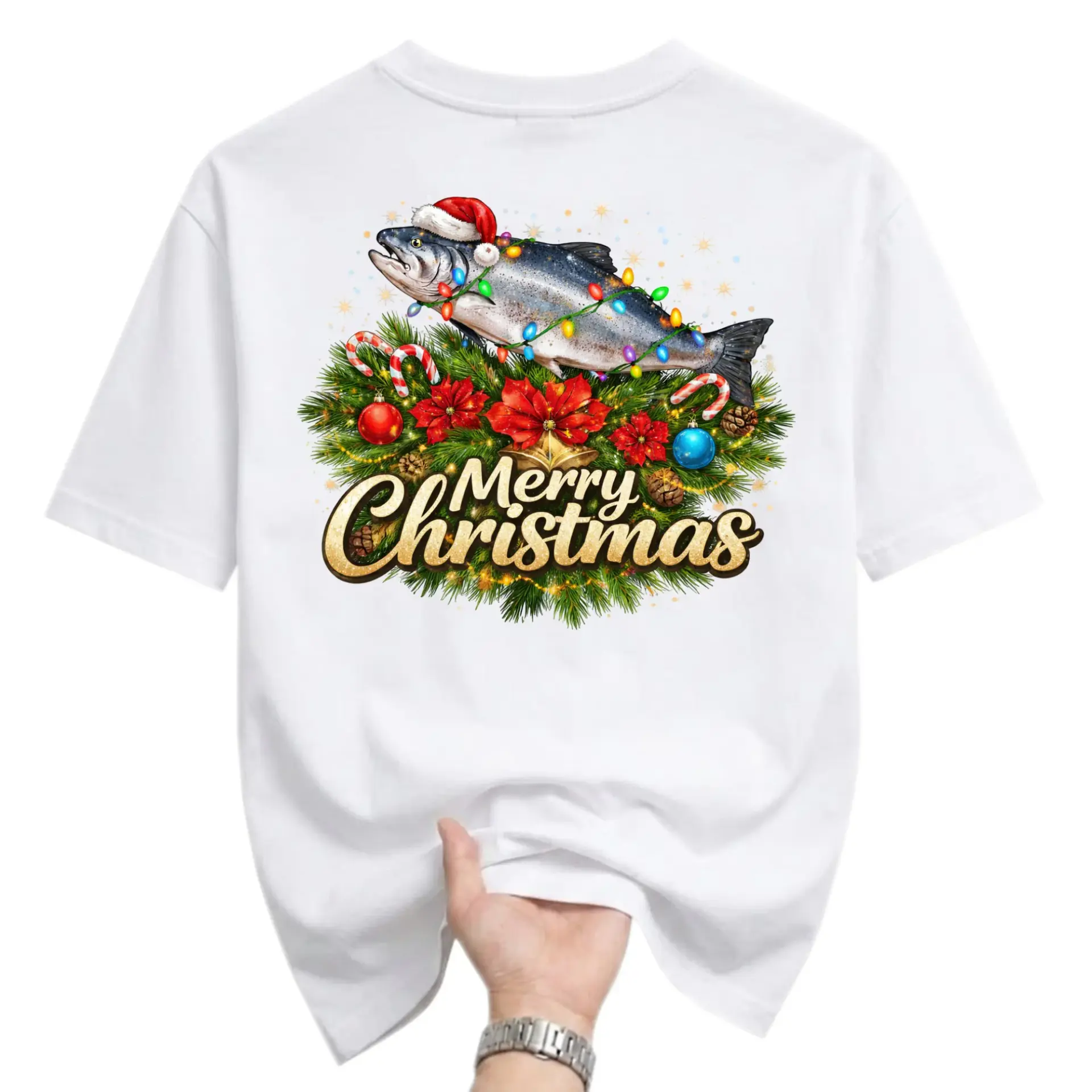 Graphic Tee Merry Christmas Fish T-Shirt Holiday Apparel Fishing Theme Unisex Shirt Seasonal Lover Gift