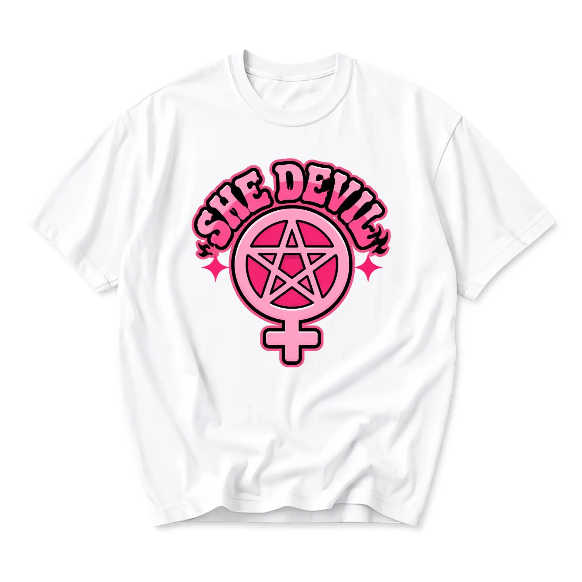 Graphic Tee She Devil Pentagram Pink Design Unisex Casual Crew Neck T-Shirt Soft Cotton Blend Everyday Apparel