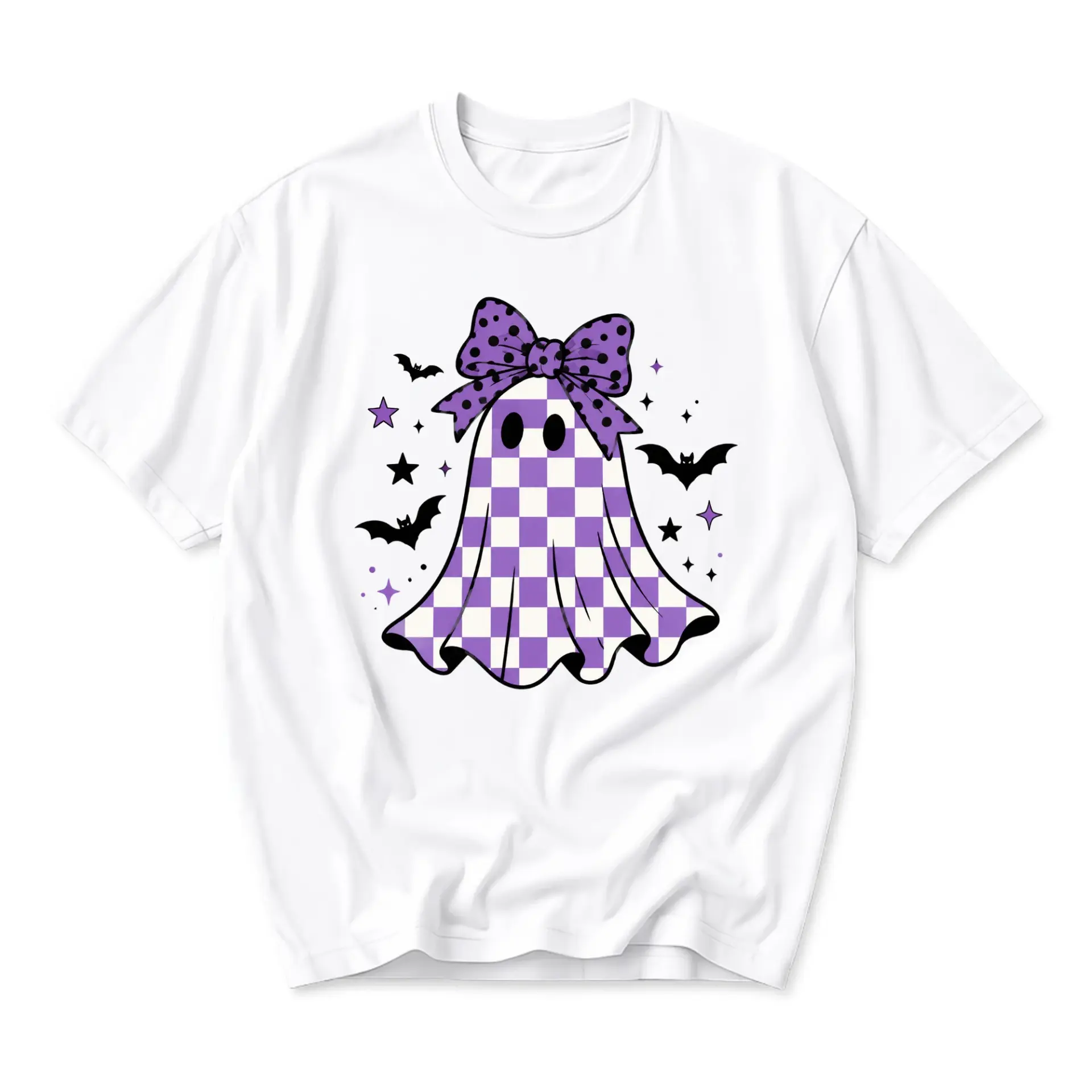 Graphic Tee Unisex Crew Neck T-Shirt Featuring a Purple and White Checkered Ghost with a Polka Dot Bow and Bat Design