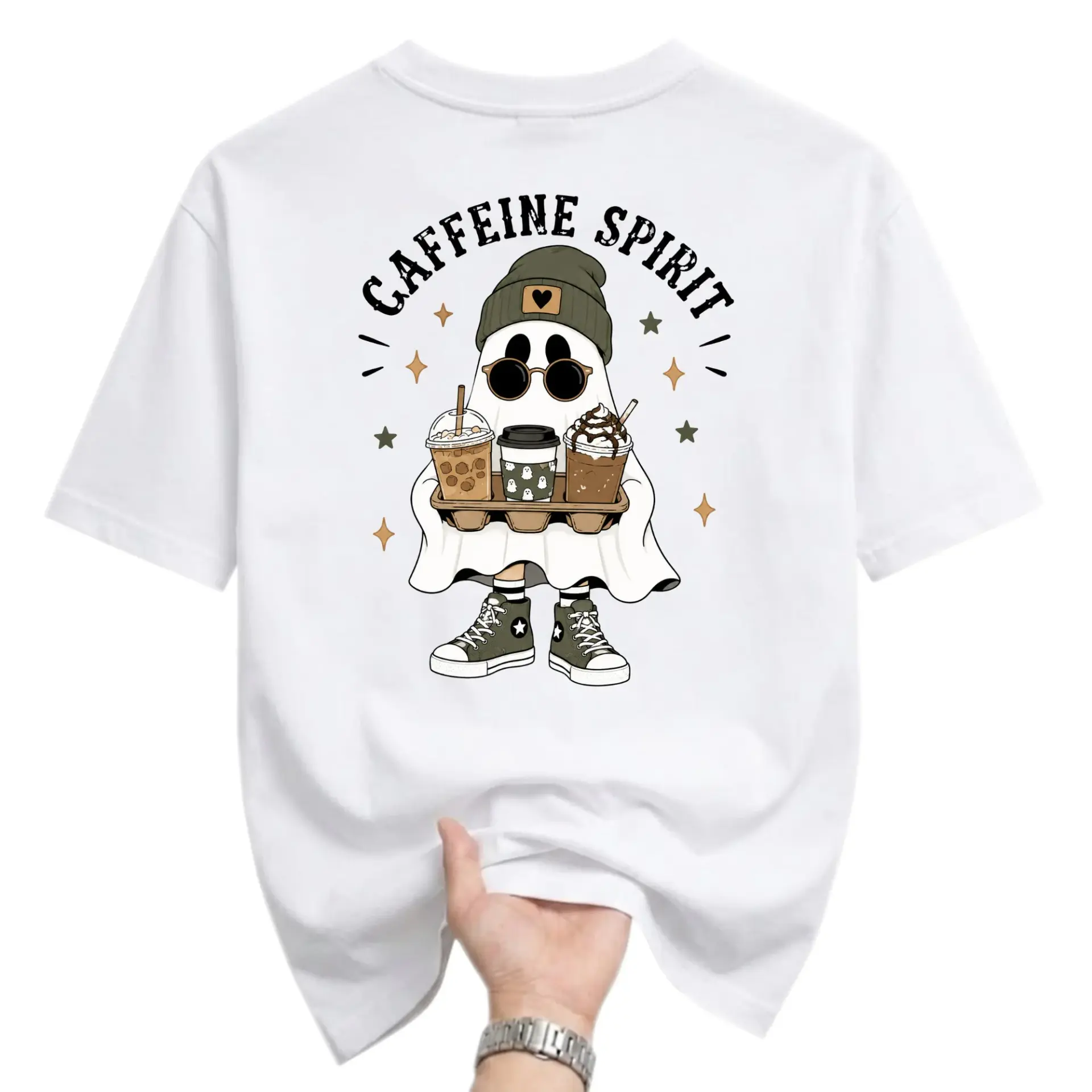Funny Shirt Caffeine Spirit Ghost Graphic Tee Casual Unisex Crew Neck Short Sleeve Top for Everyday Style and Comfort