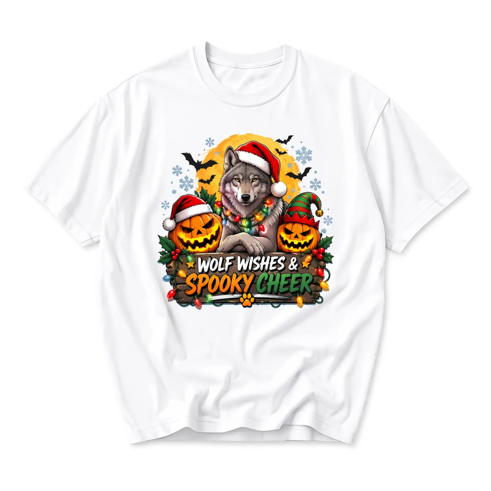 Graphic Tee Wolf Wishes and Spooky Cheer Shirt Holiday Season Nature Lover Animal Enthusiast Festive Apparel