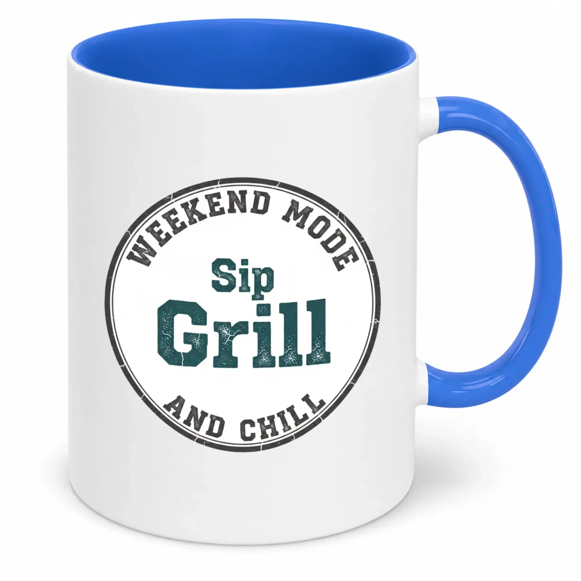 Funny Weekend Mode Coffee Mug, Relaxing Sip Grill and Chill Quote Ceramic Cup with Comfortable Handle, White and Blue Beverage Drinkware