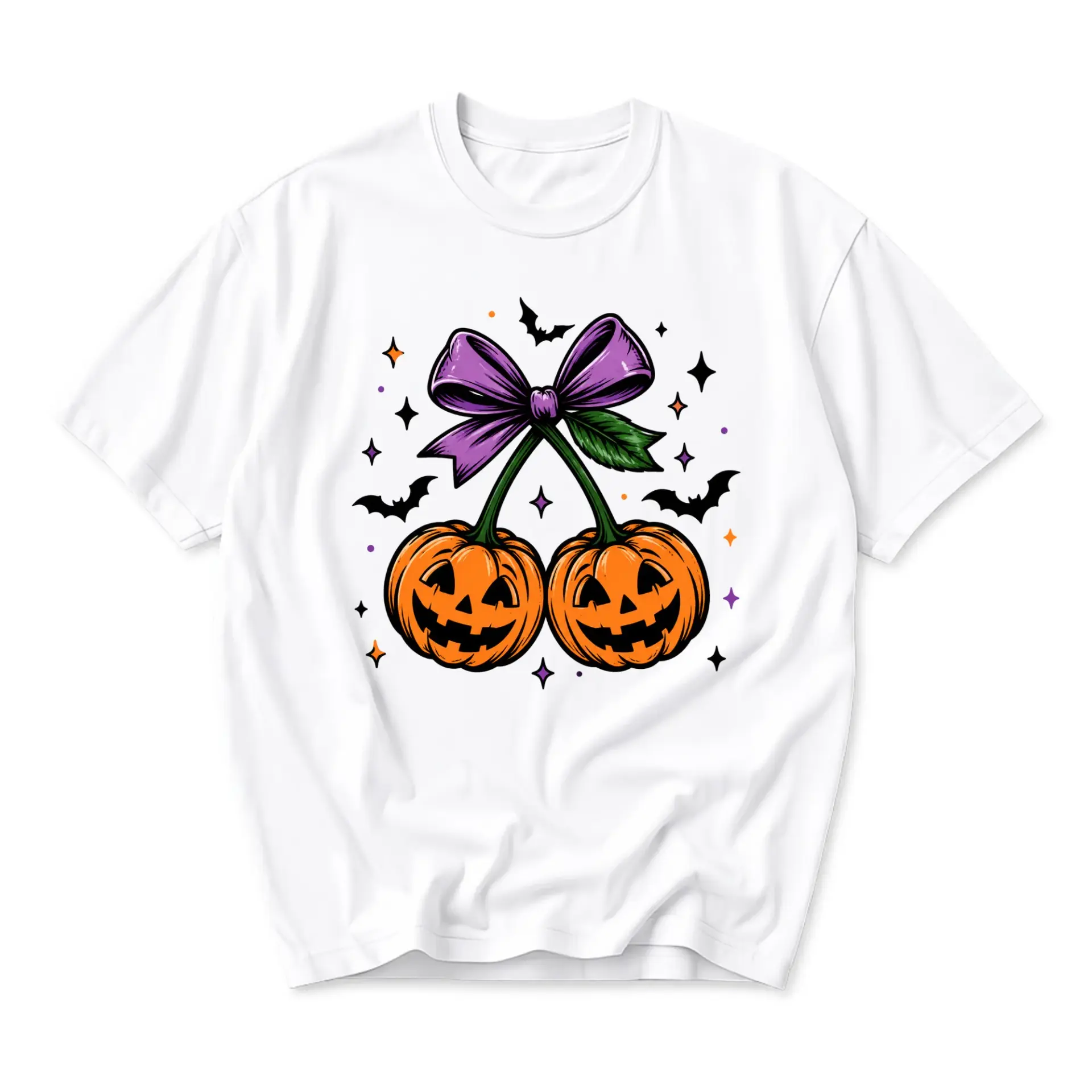 Graphic Tee Halloween Pumpkin Cherry Bow Unisex Short Sleeve Shirt Cute Seasonal Holiday Apparel for Everyday Wear