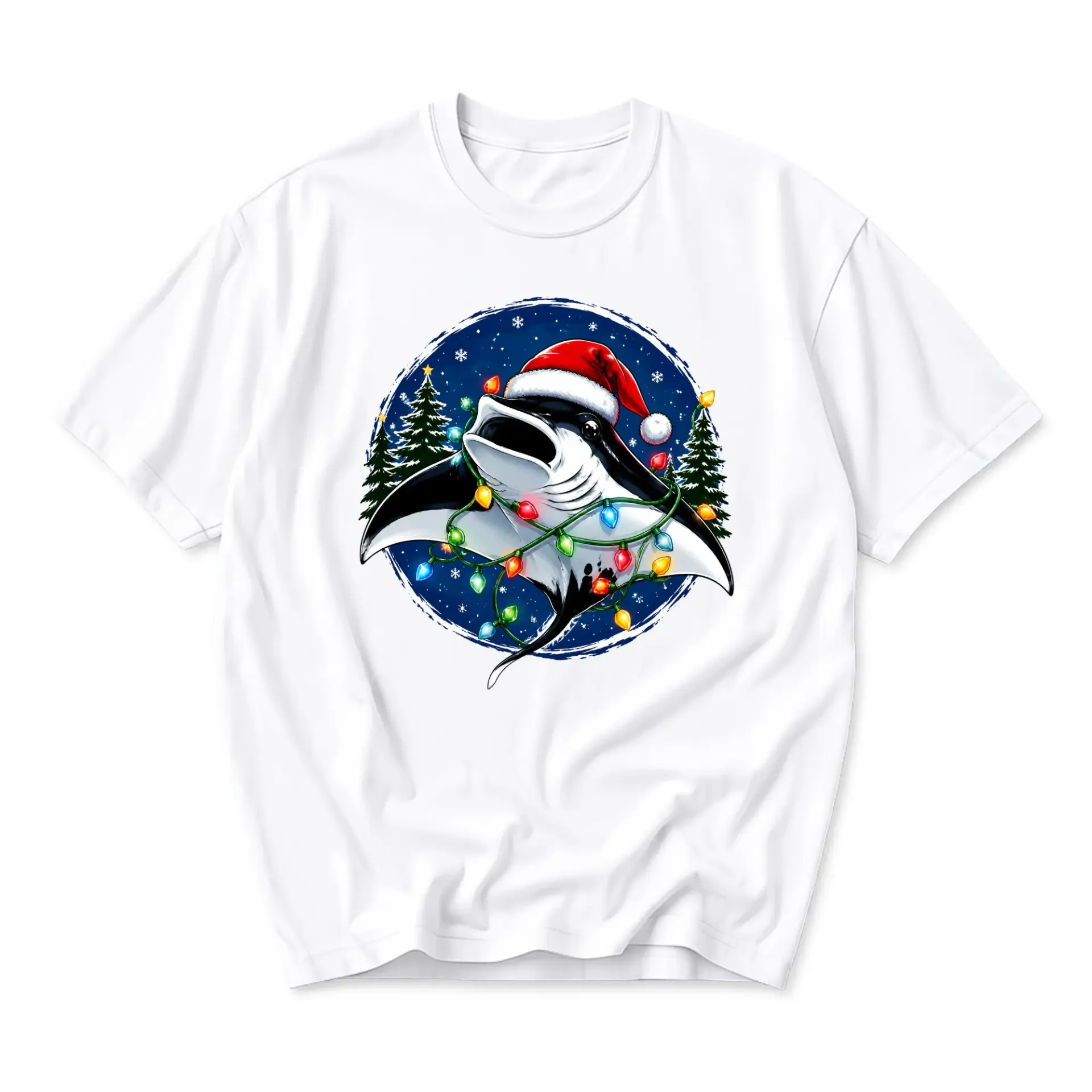 Graphic Tee Manta Ray Wearing Santa Hat with Christmas Lights Holiday