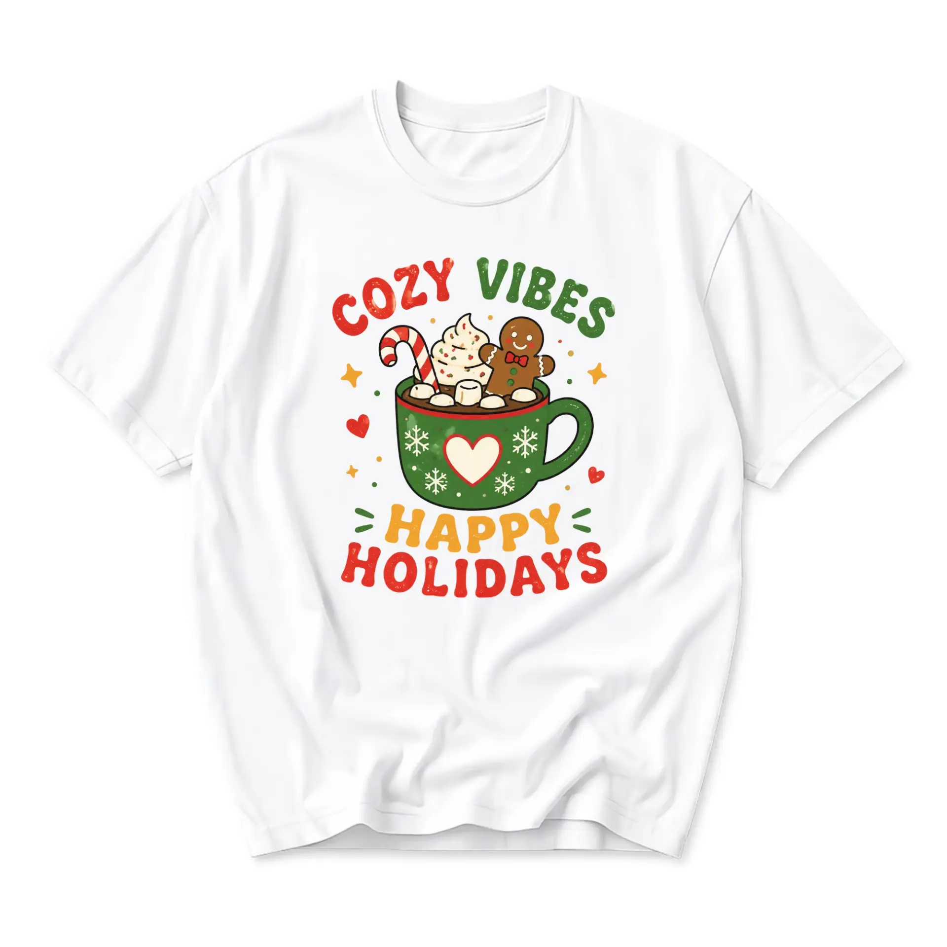 Graphic Tee Cozy Vibes Happy Holidays Christmas Cocoa Gingerbread Man Unisex Short Sleeve Shirt for Casual Winter Wear