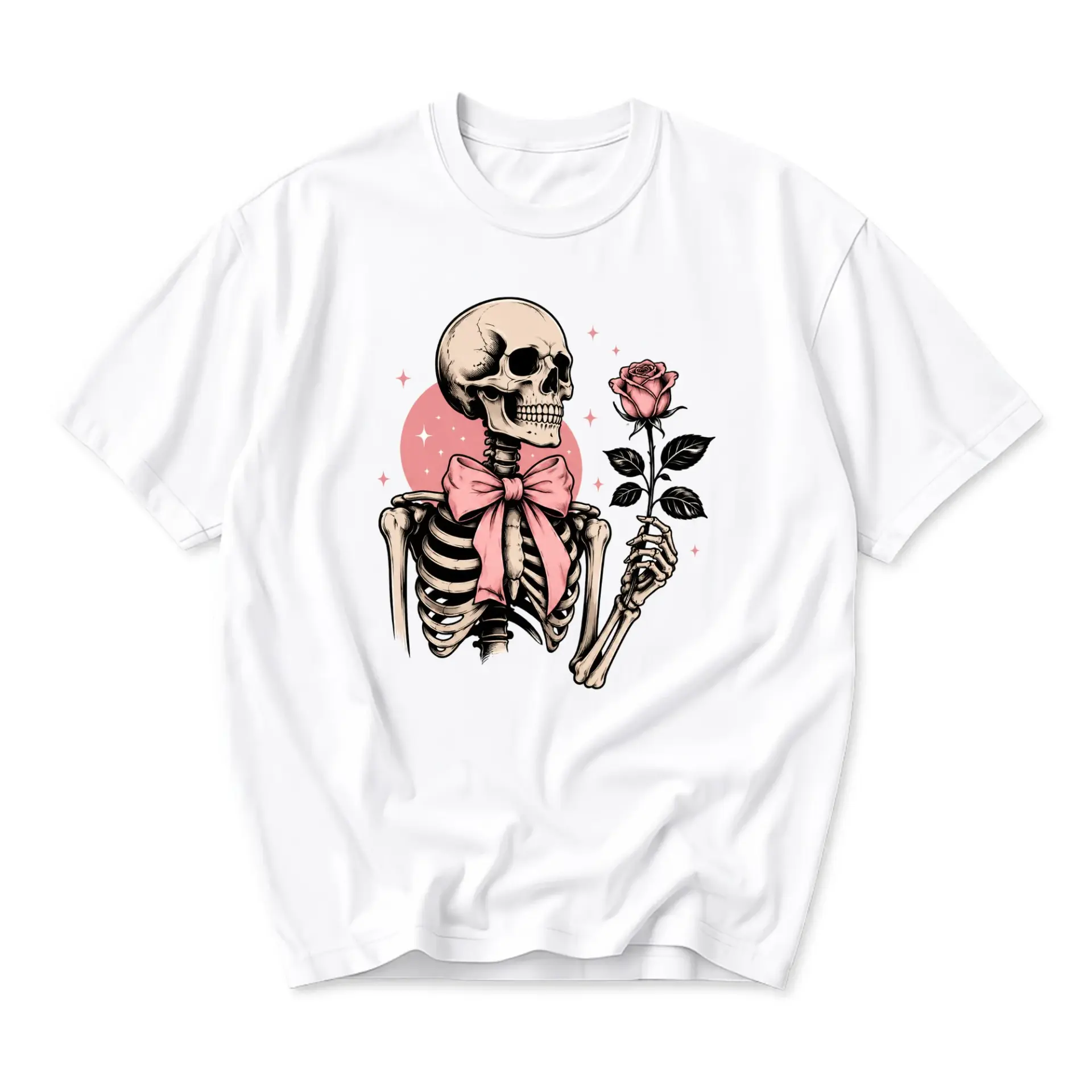 Graphic Tee Skeleton Wearing Pink Bow Holding Rose Illustration Unisex Casual Crew Neck Comfortable Short Sleeve Top