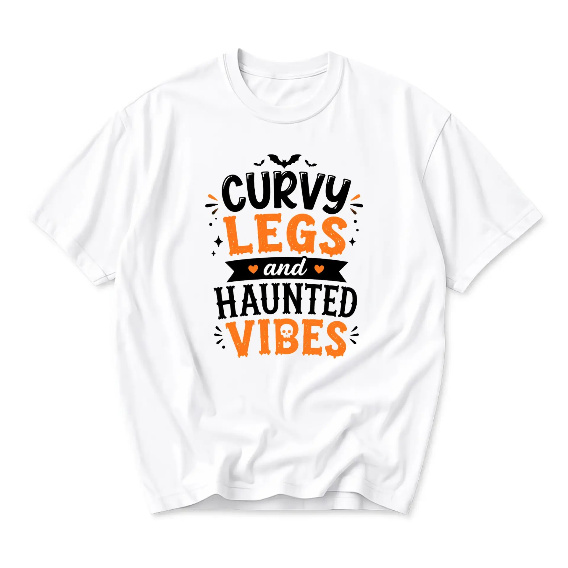 Funny Shirt Curvy Legs and Haunted Vibes Graphic Tee Unisex Cotton Crew Neck Holiday Apparel for Casual Everyday Wear
