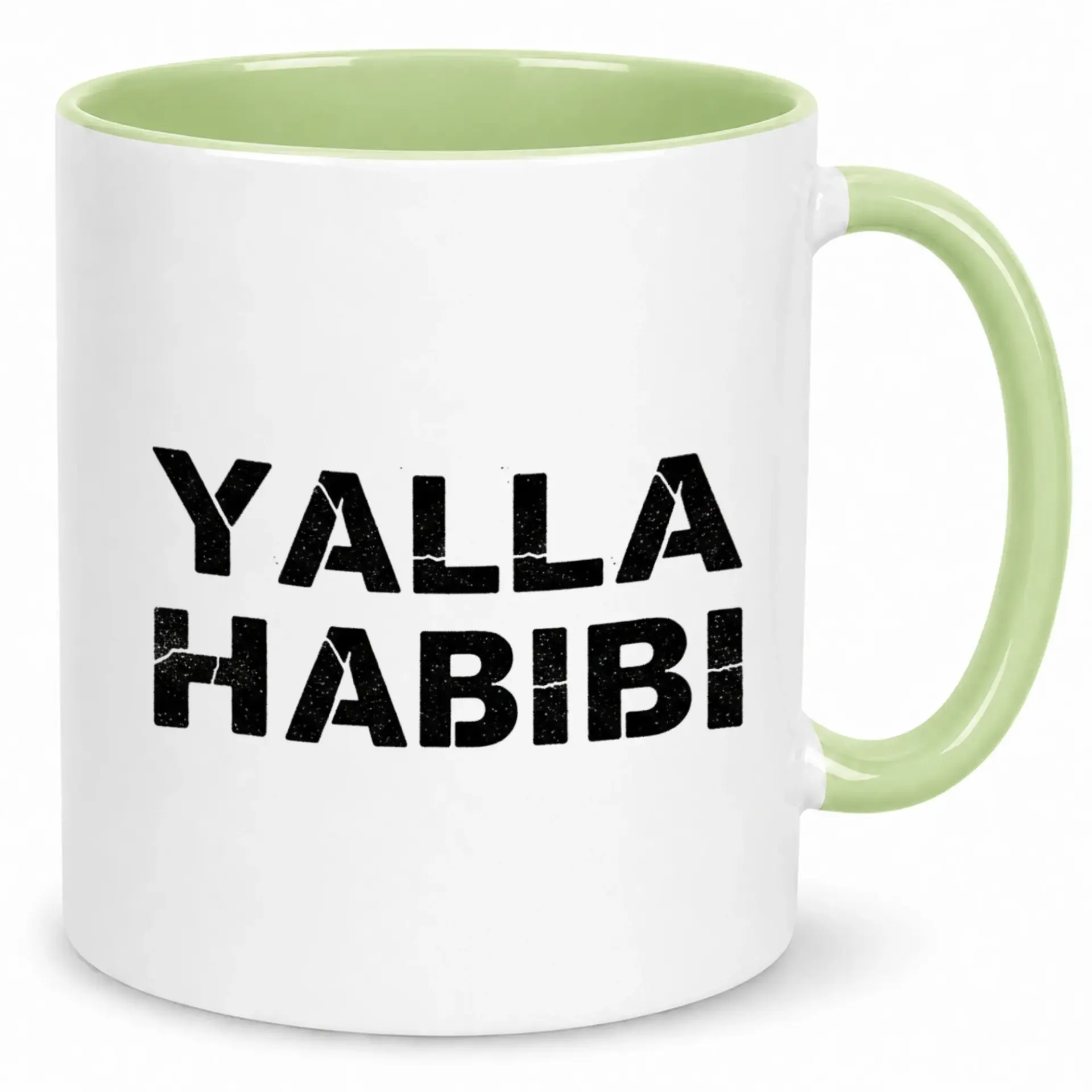Ceramic Coffee Mug Yalla Habibi Text Design with Distressed Font and Green Handle Interior Accent, Unique Beverage Drinkware for Home Office Gift