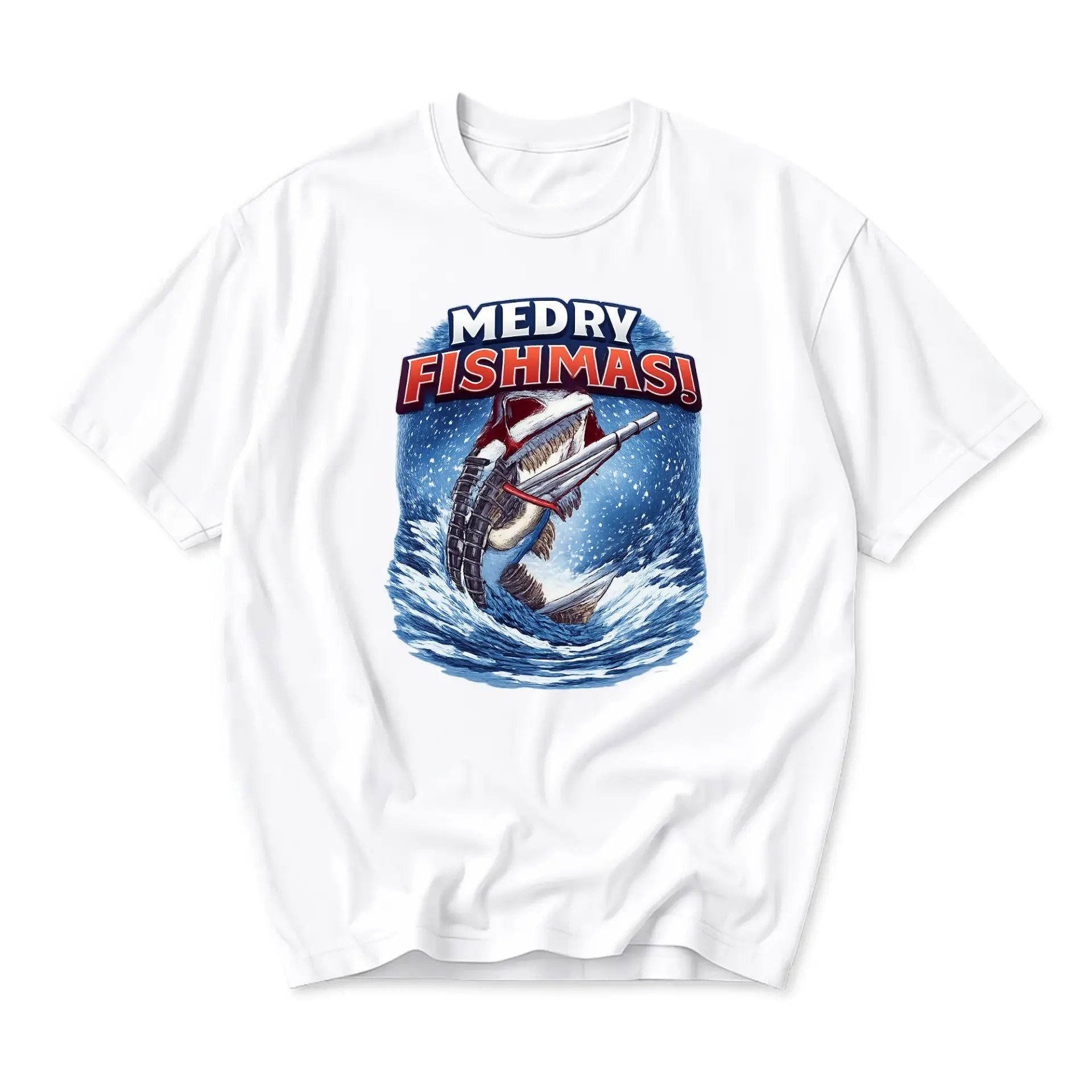 Funny Shirt Medry Fishmas Graphic Tee Unisex Casual Apparel Holiday Humor Cotton Crew Neck Short Sleeve Top for Adults