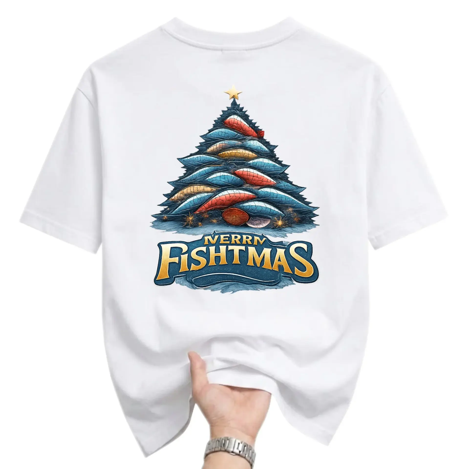 Funny Shirt Nerrn Fishtmas Graphic Tee Holiday Fishing Themed Unisex Crew Neck Short Sleeve Cotton Casual Apparel