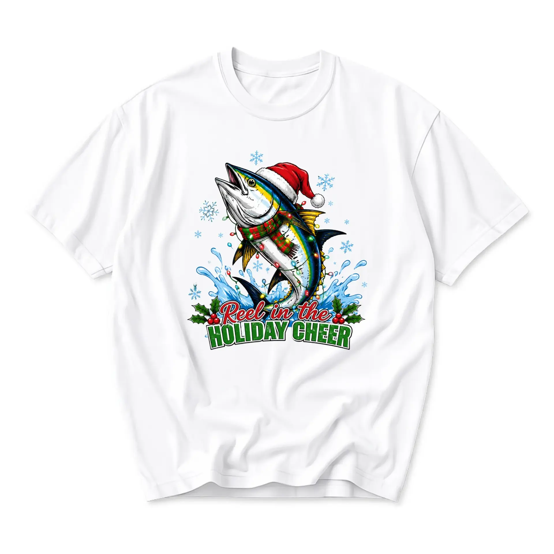Funny Shirt Reel in the Holiday Cheer Graphic Tee Christmas Fishing Lover Gift Unisex Crew Neck Casual Cotton Top