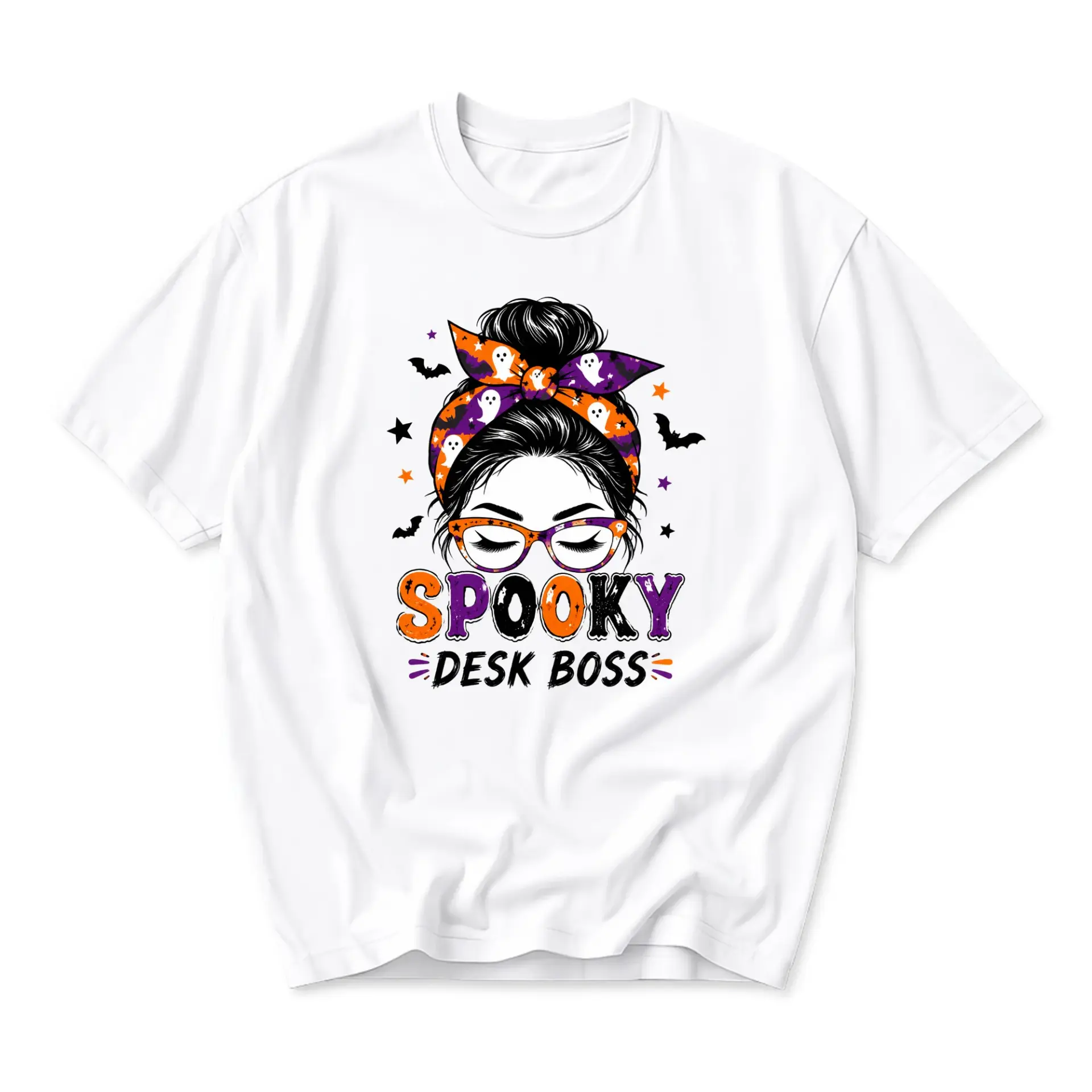 Funny Shirt Spooky Desk Boss Graphic Tee Retro Halloween Ghost Bun Hairstyle Print Unisex Crew Neck Casual Cotton Top