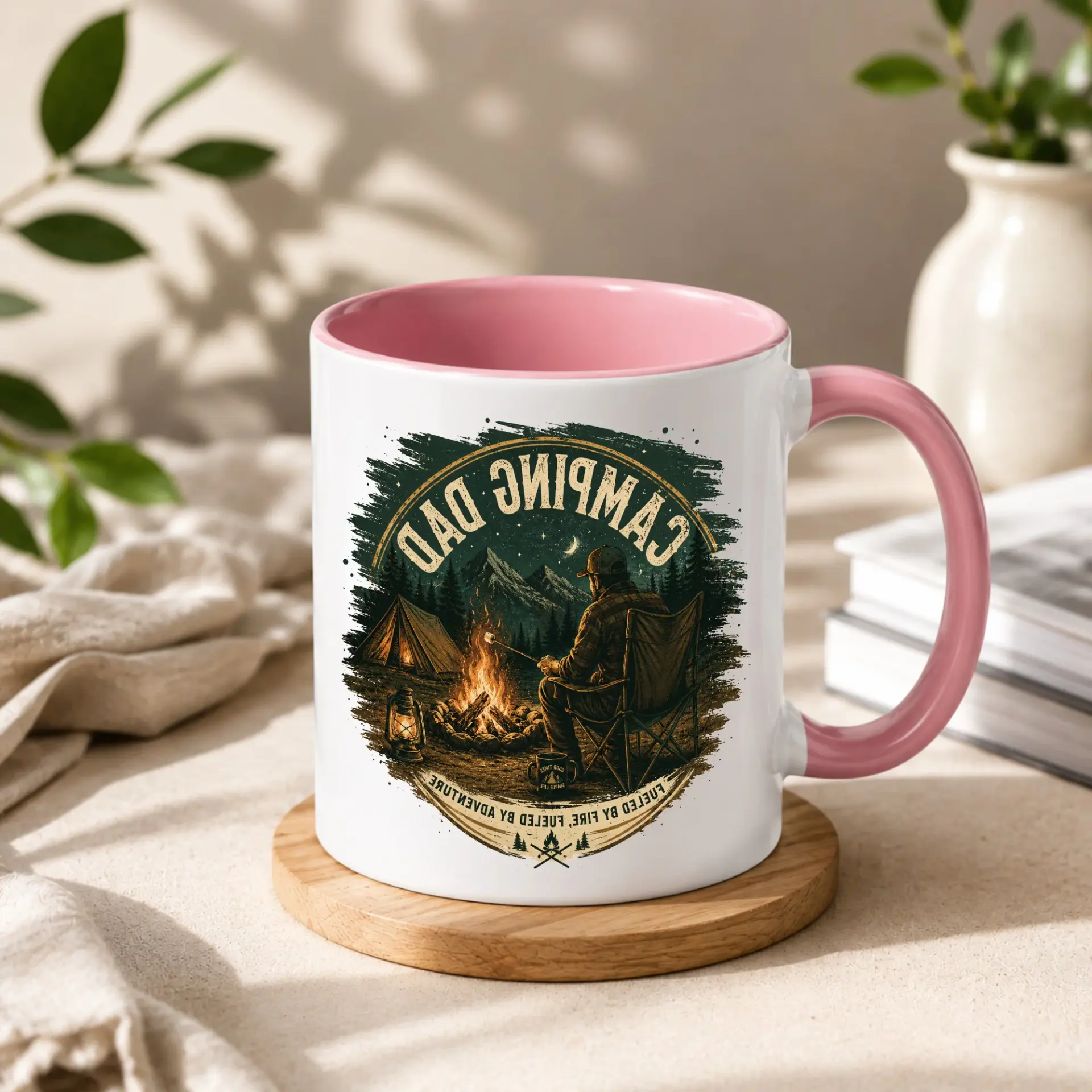 Outdoor Adventure Coffee Mug Featuring Camping Dad Design with Campfire Illustration for Enthusiasts of Wilderness Travel