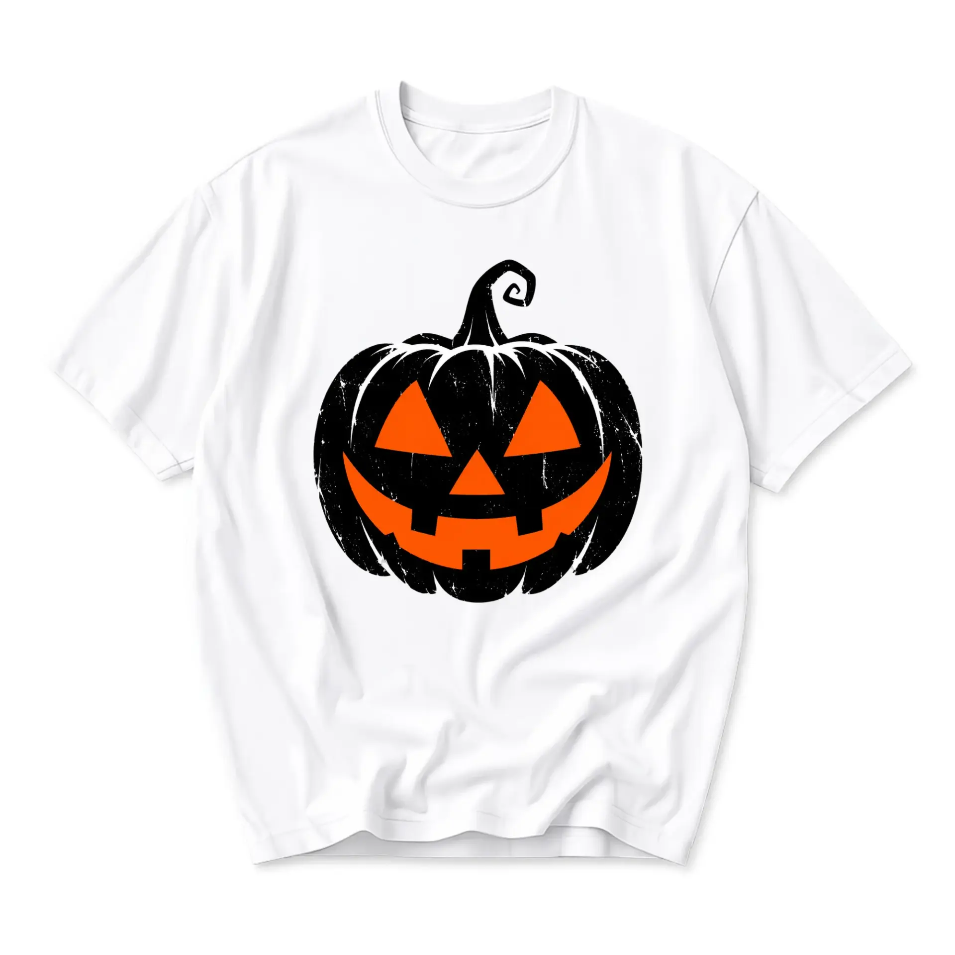 Graphic Tee Unisex Crew Neck T-Shirt Featuring a Distressed Jack-O-Lantern Pumpkin Design for Seasonal Casual Wear