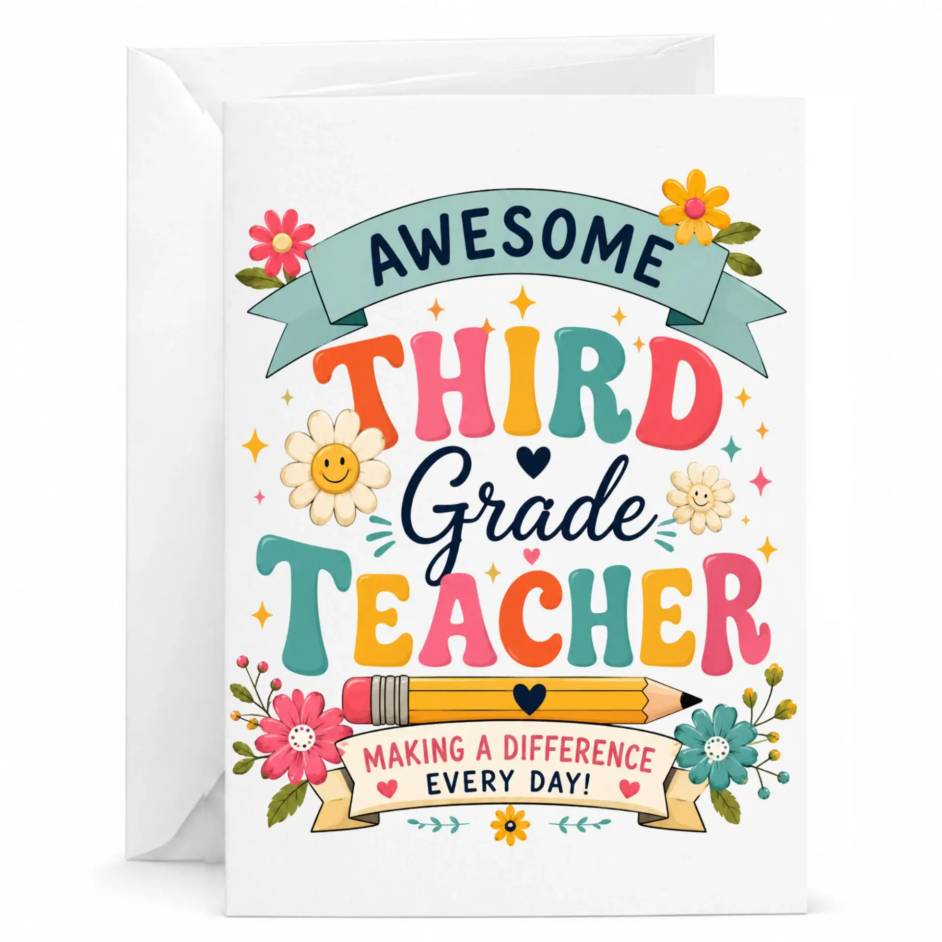 Card for Third Teacher Appreciation Floral Design Professional Quality Greeting with Envelope