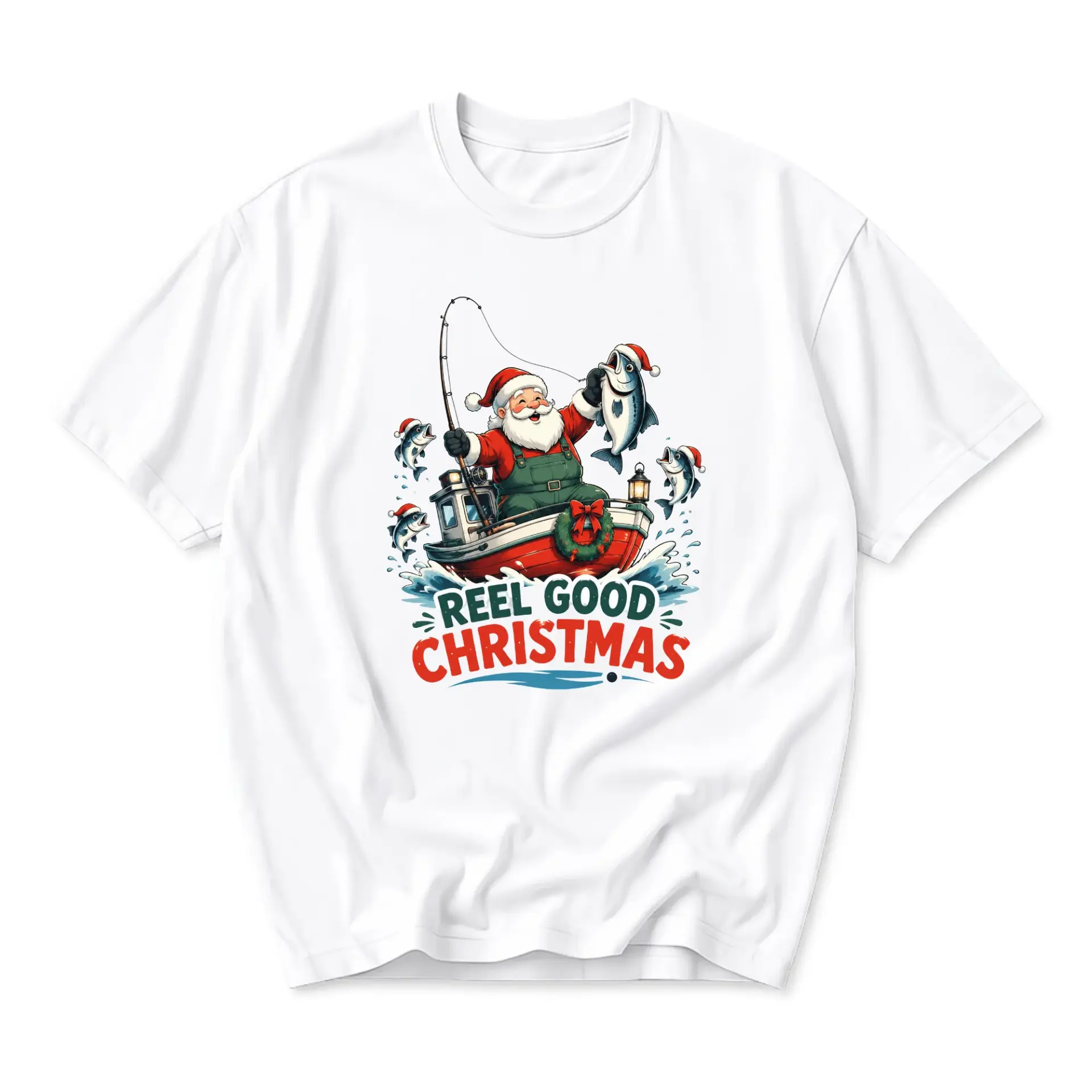 Graphic Tee Reel Good Christmas Fishing Santa Unisex Crew Neck Shirt