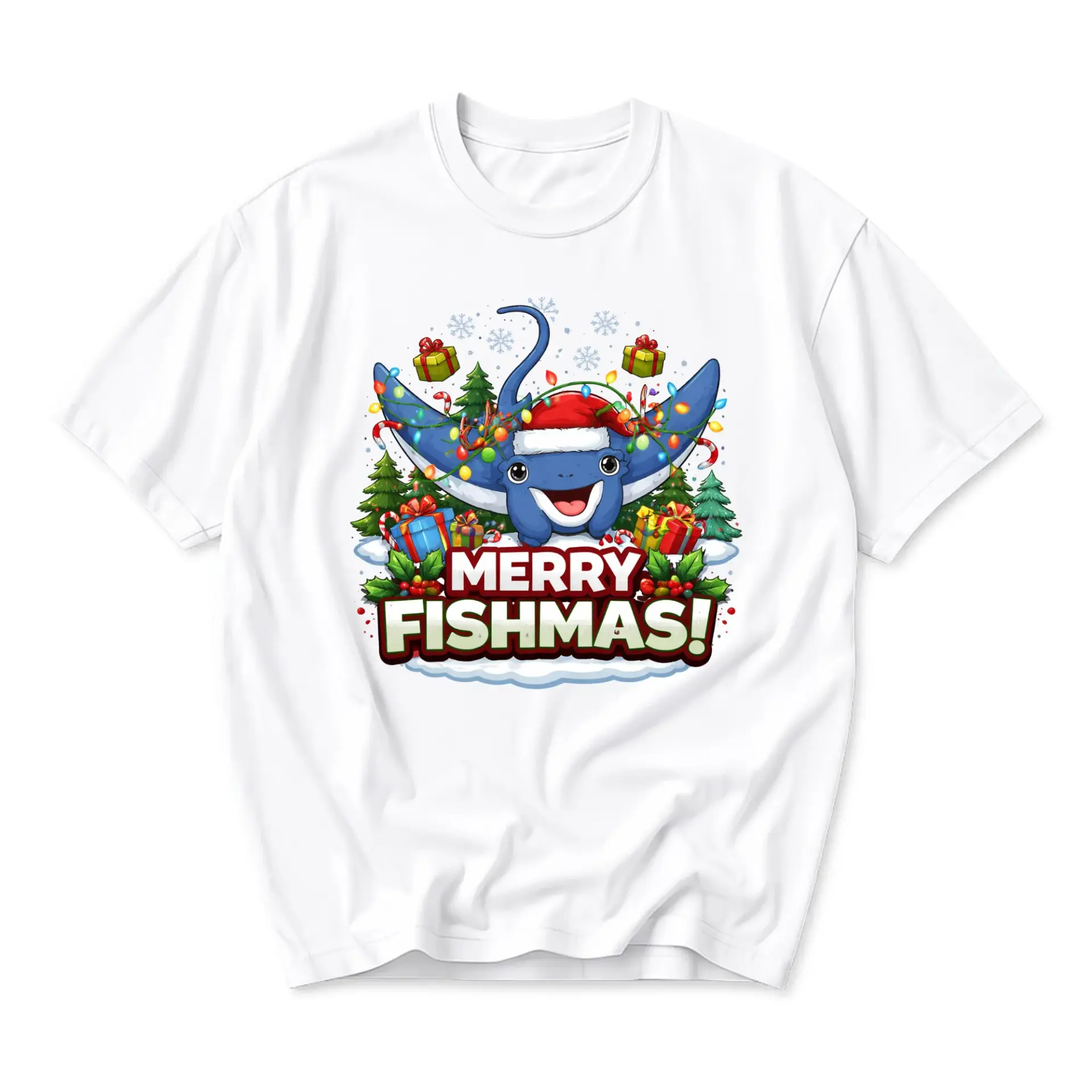 Funny Shirt Merry Fishmas Stingray Holiday Graphic Tee Unisex Casual Crew Neck Soft Cotton Blend Summer Top