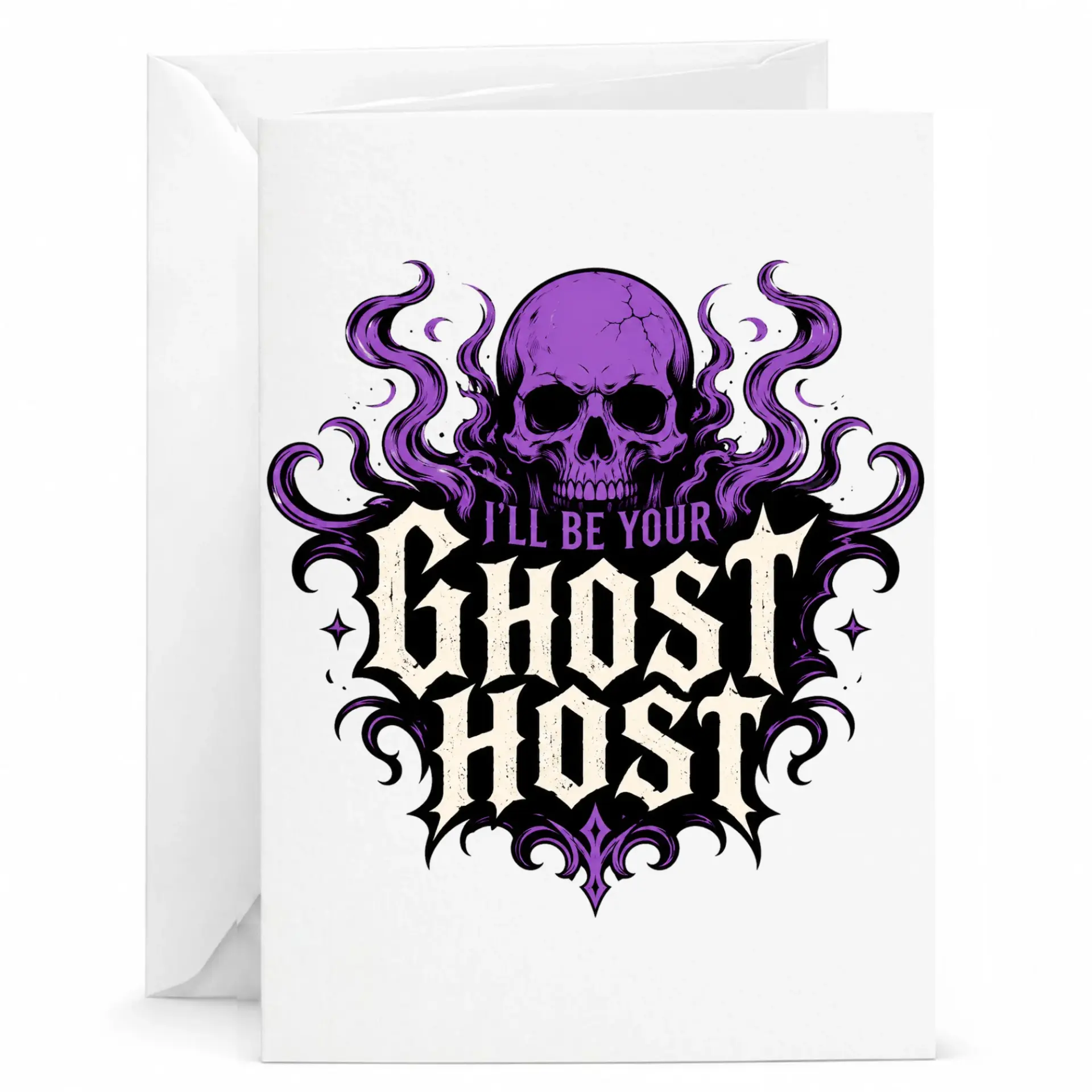 Funny Host Greeting Card with Purple Skull Artwork Gothic Halloween Style Note for Friends and Loved Ones