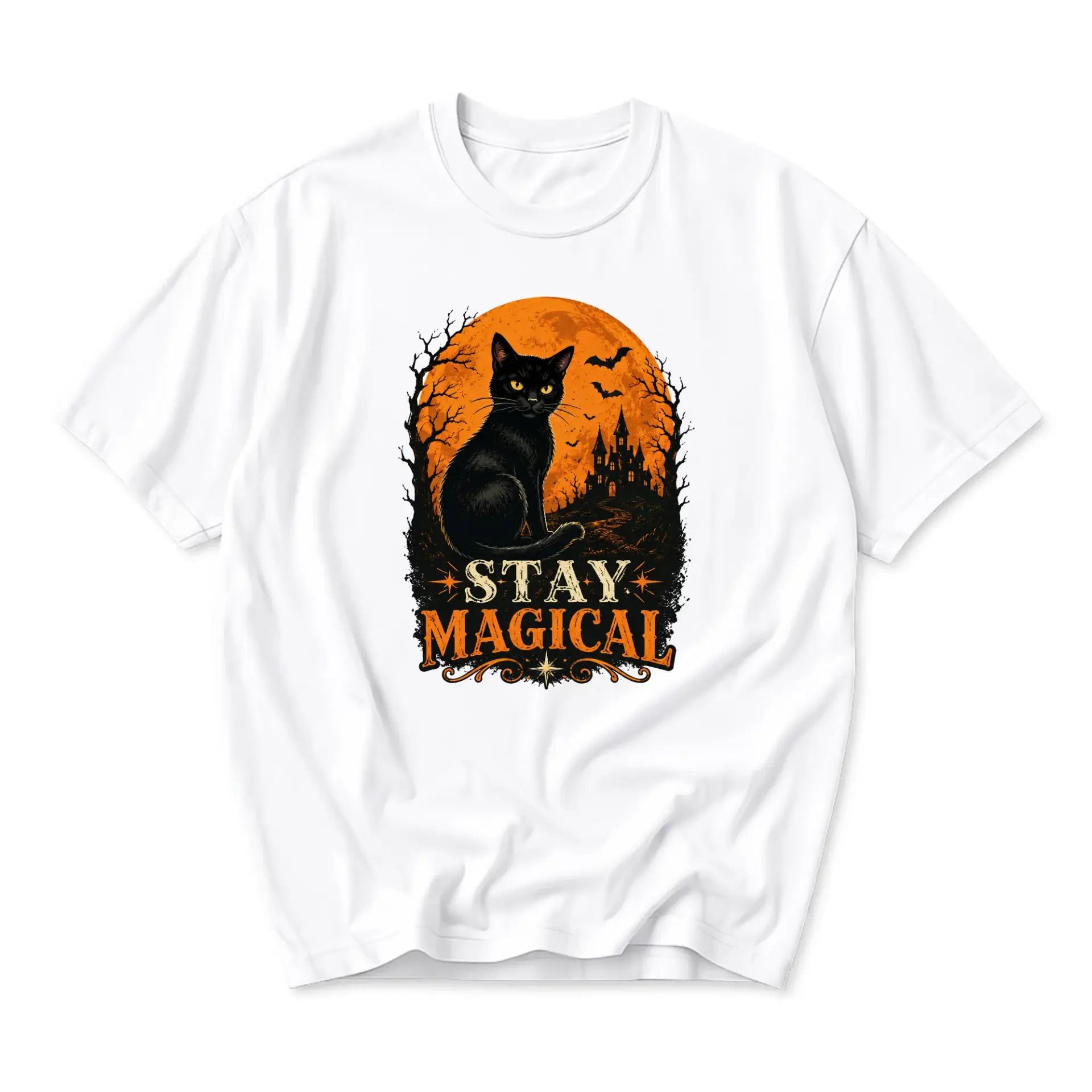 Graphic Tee Stay Magical Black Cat Halloween Shirt Unisex Crew Neck Short Sleeve Cotton Blend Casual Top for Seasonal