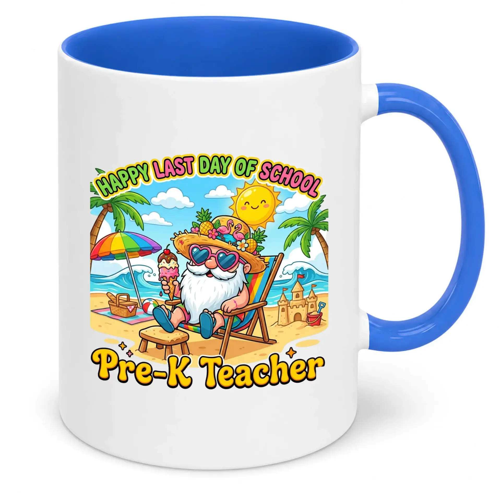 Funny Pre-K Teacher Coffee Mug for Happy Last Day of School, Summer Vacation Beach Themed White Ceramic Tea Cup Gift