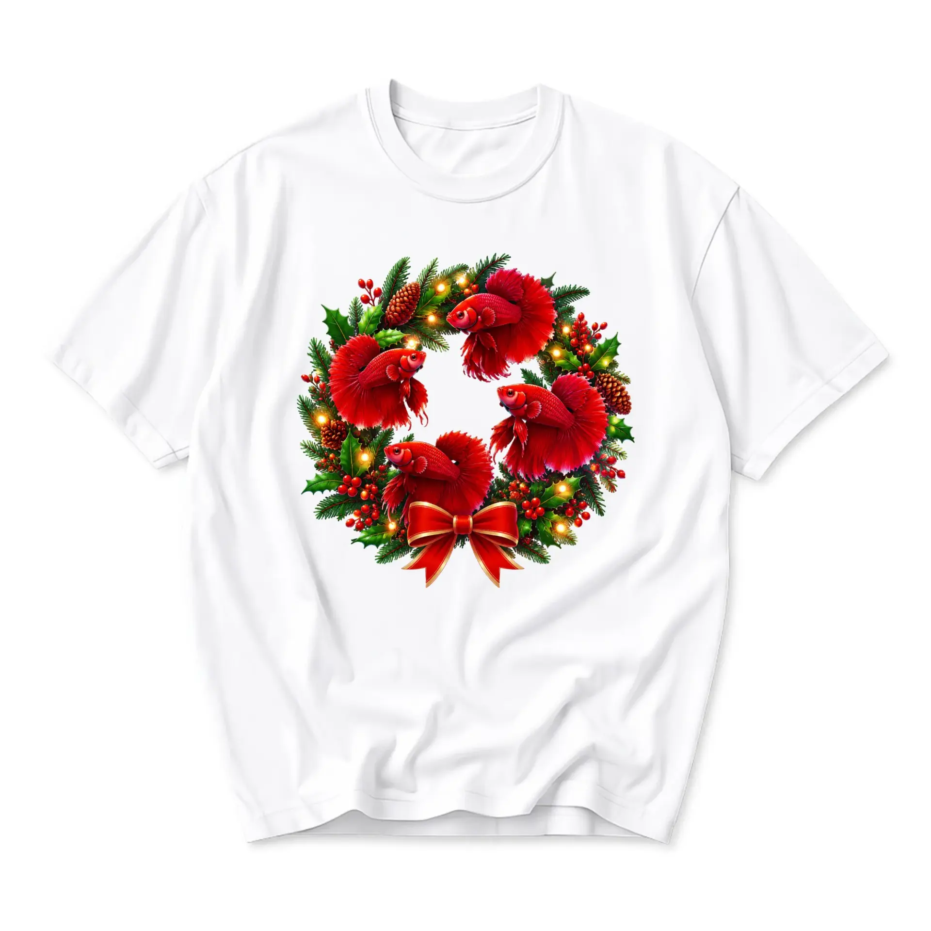 Graphic Tee Unisex Short Sleeve Crew Neck Shirt Featuring Festive Fish Holiday Wreath Print Design Casual Top