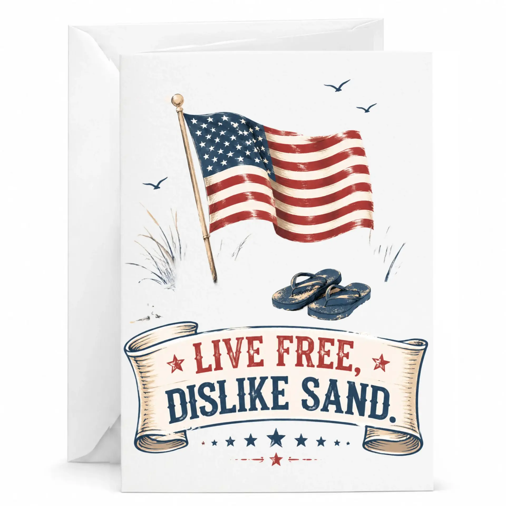 Funny Patriotic Beach Greeting Card, Live Free Dislike Sand Quote, 5x7 Inches Folded Stationary with White Envelope