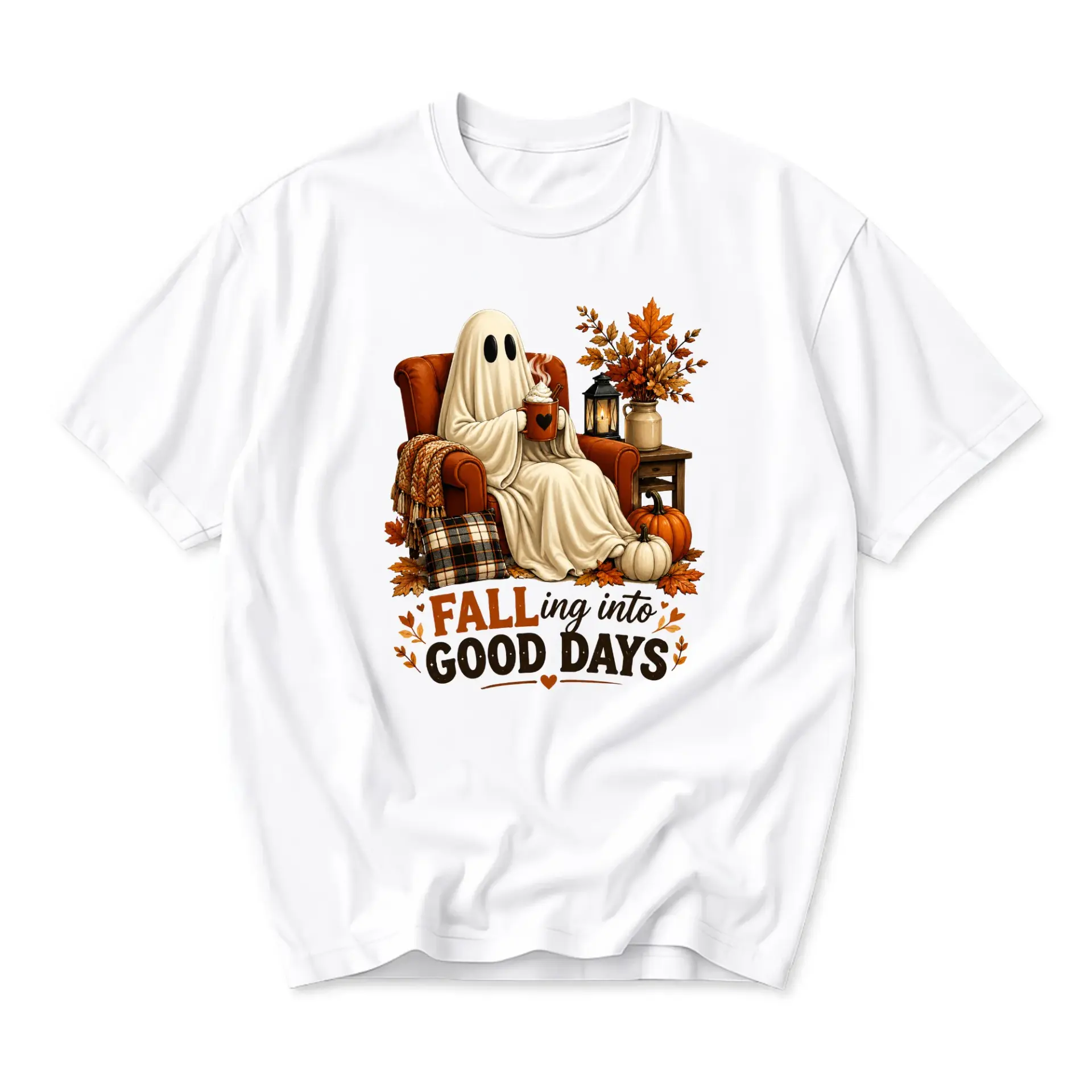 Graphic Tee Falling into Good Days Autumn Ghost Shirt Cozy Seasonal Fall Unisex Crew Neck Short Sleeve Top Apparel