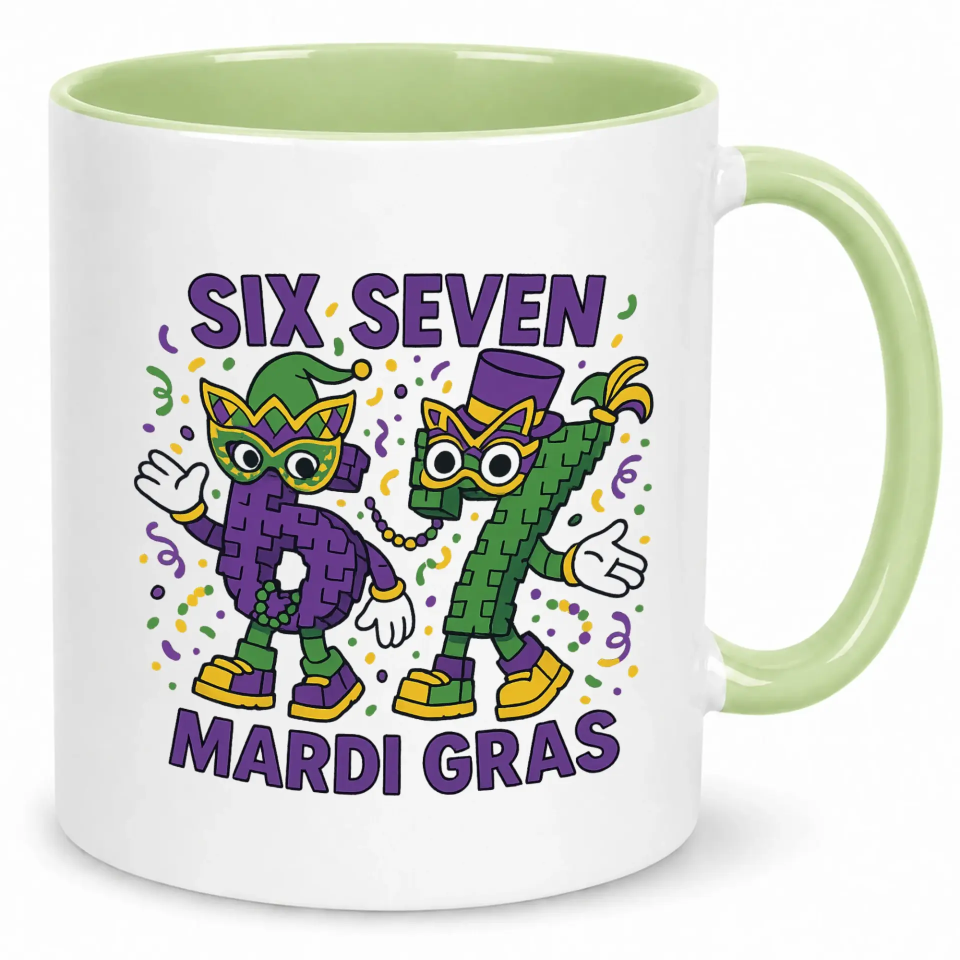 Funny Mardi Gras Coffee Mug, Six Seven Parade Design Ceramic Tea Cup, Festive Fat Tuesday Celebration Beverage Drinkware, Unique Gift for Carnival Season