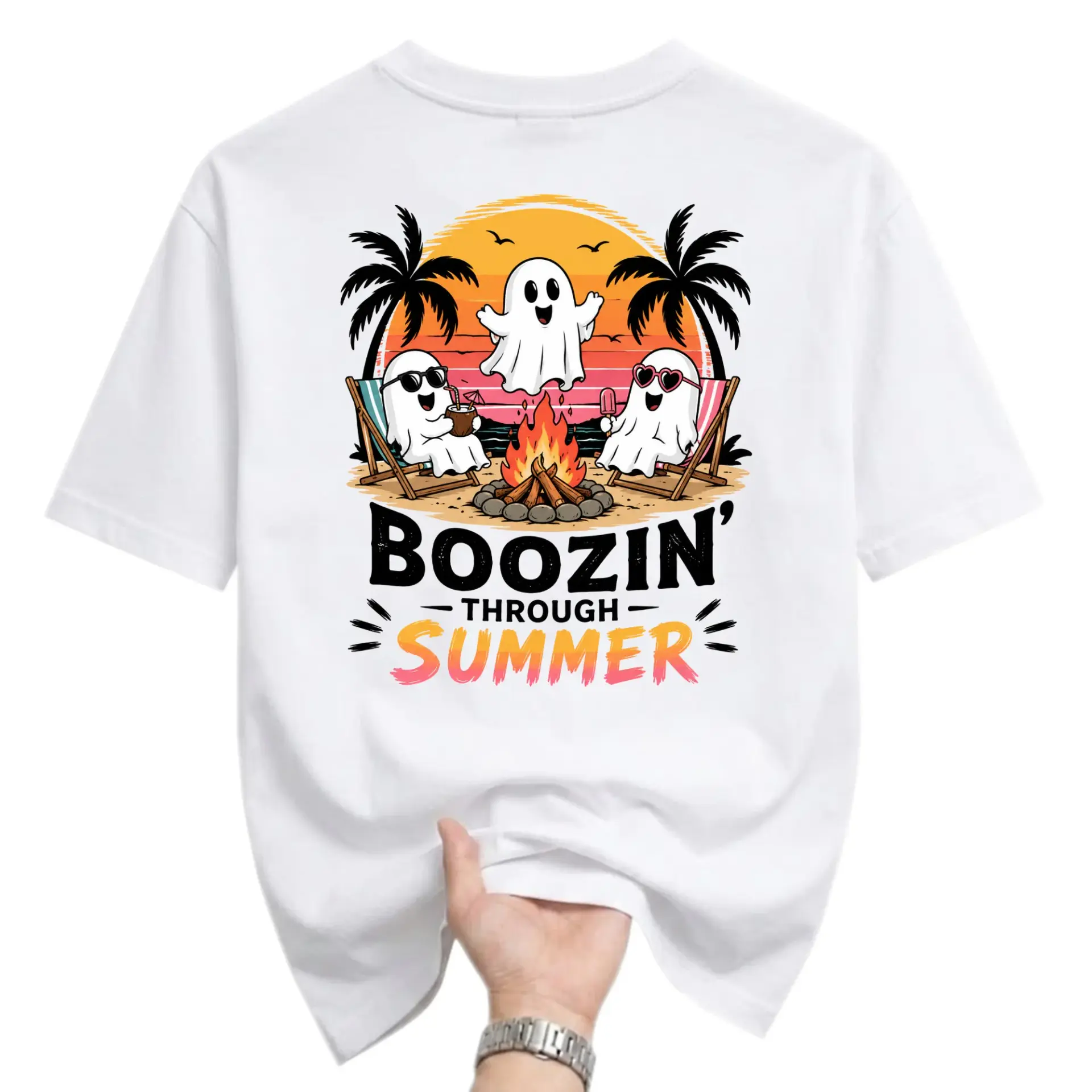 Funny Shirt Boozin Through Summer Ghost Graphic Tee Casual Unisex Crew Neck Top for Vacation Beach Trip and Everyday Wear