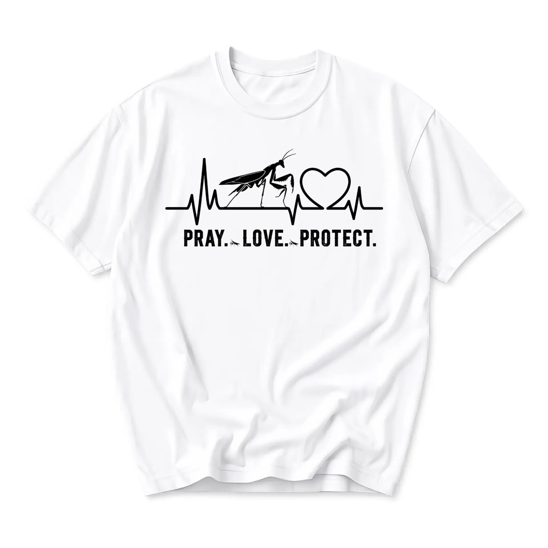 Graphic Tee Pray Love Protect Praying Mantis Heartbeat Design Unisex Cotton Blend Short Sleeve Crew Neck Shirt