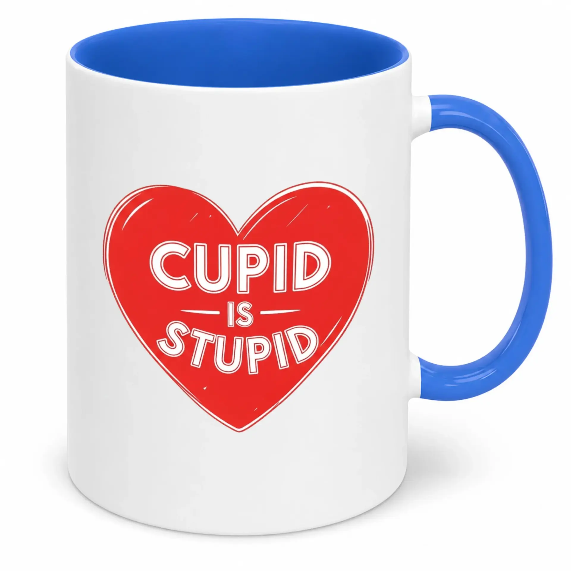 Funny Ceramic Coffee Mug with Cupid Is Stupid Heart Design, Premium White 11 Oz or 15 Oz Drinkware for Tea, Hot Cocoa, Home, Office Gift