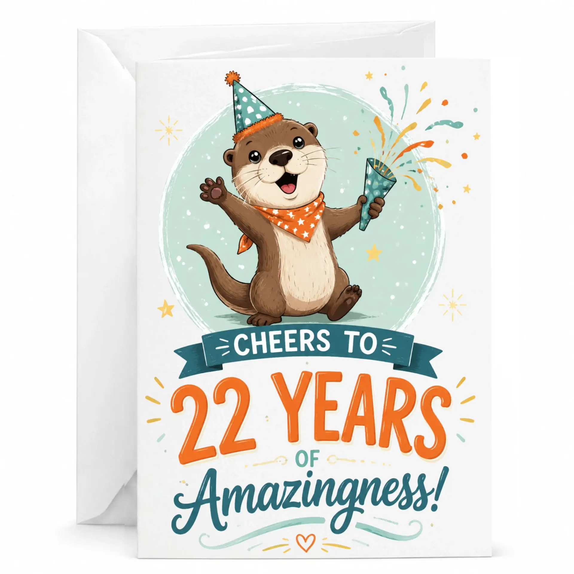 Birthday Card Cheers to 22 Years of Amazingness Cute Otter Illustration Premium Greeting Card for Twenty Second Birthday
