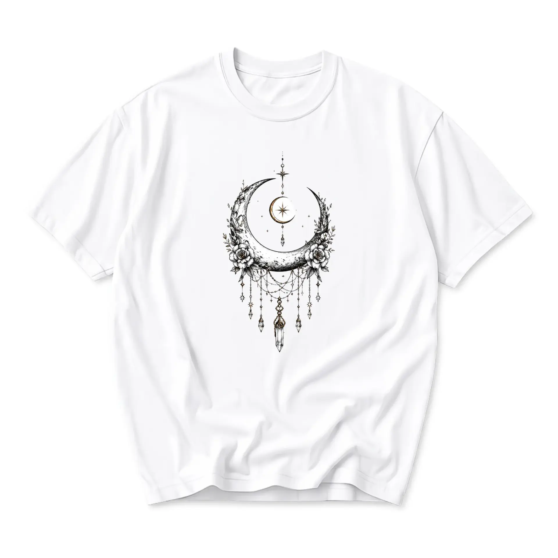 Graphic Tee Celestial Crescent Moon and Crystal Flower Illustration Artistic Unisex Short Sleeve Crew Neck Cotton Shirt