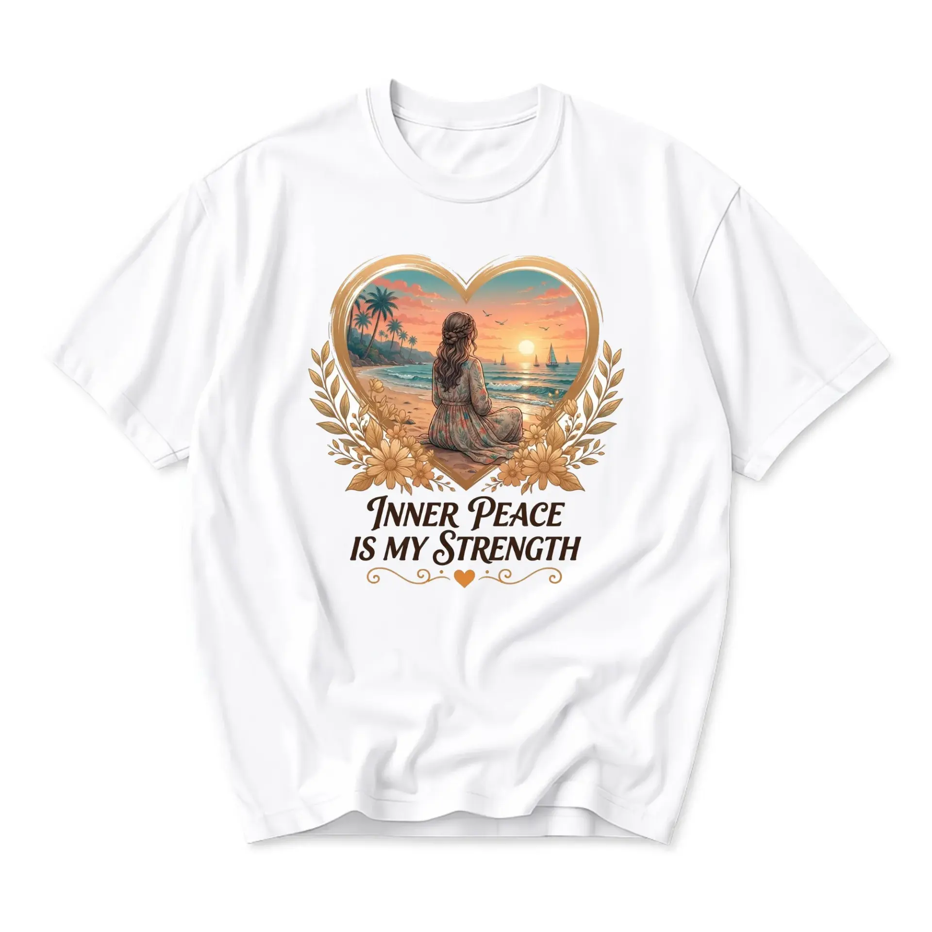 T-shirt Inner Peace Is My Strength Graphic Tee Featuring Zen Beach Sunset Illustration on Soft Cotton Casual Apparel