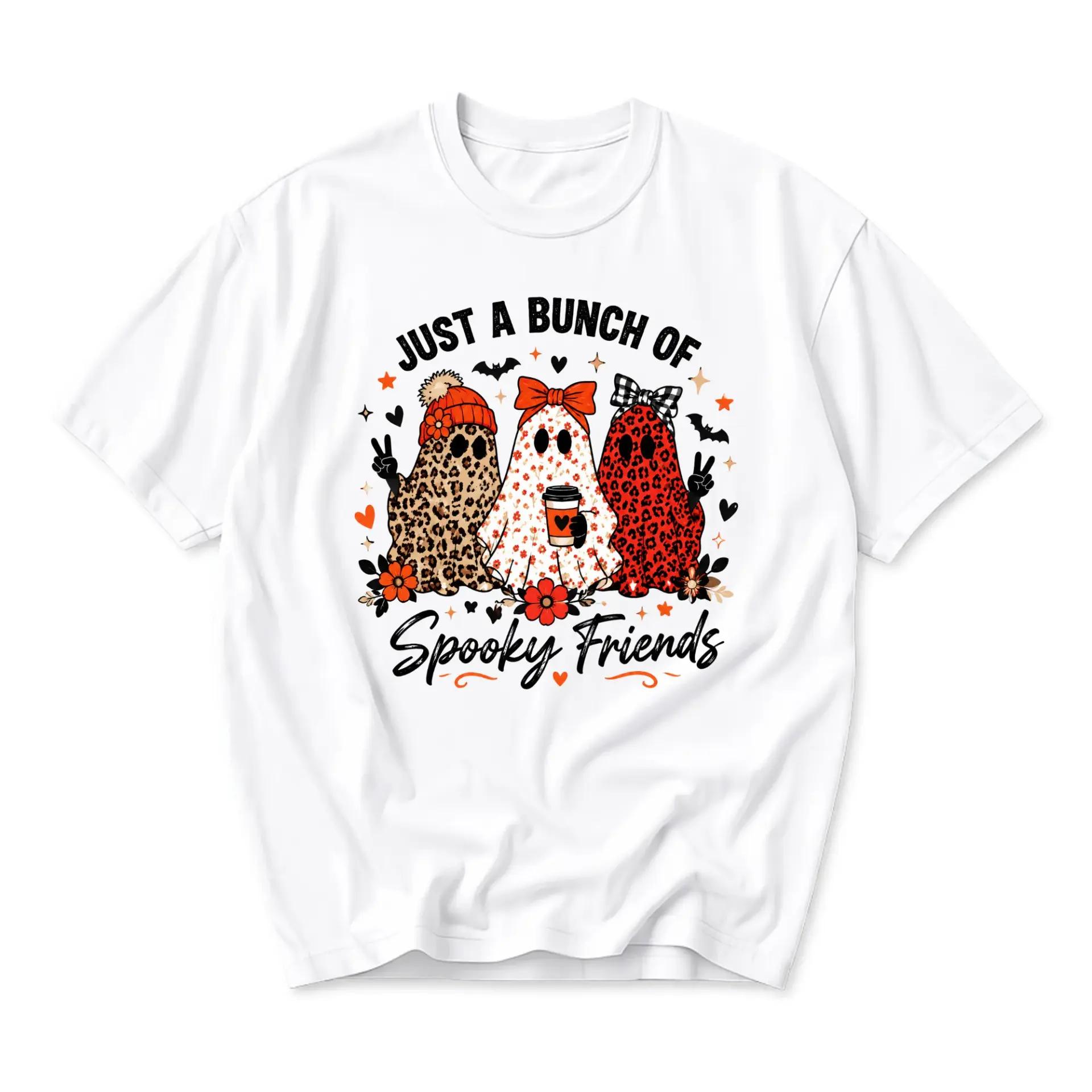 Graphic Tee Just a Bunch of Spooky Friends Halloween Shirt Cute Ghost Apparel for Casual Wear and Everyday Outfits