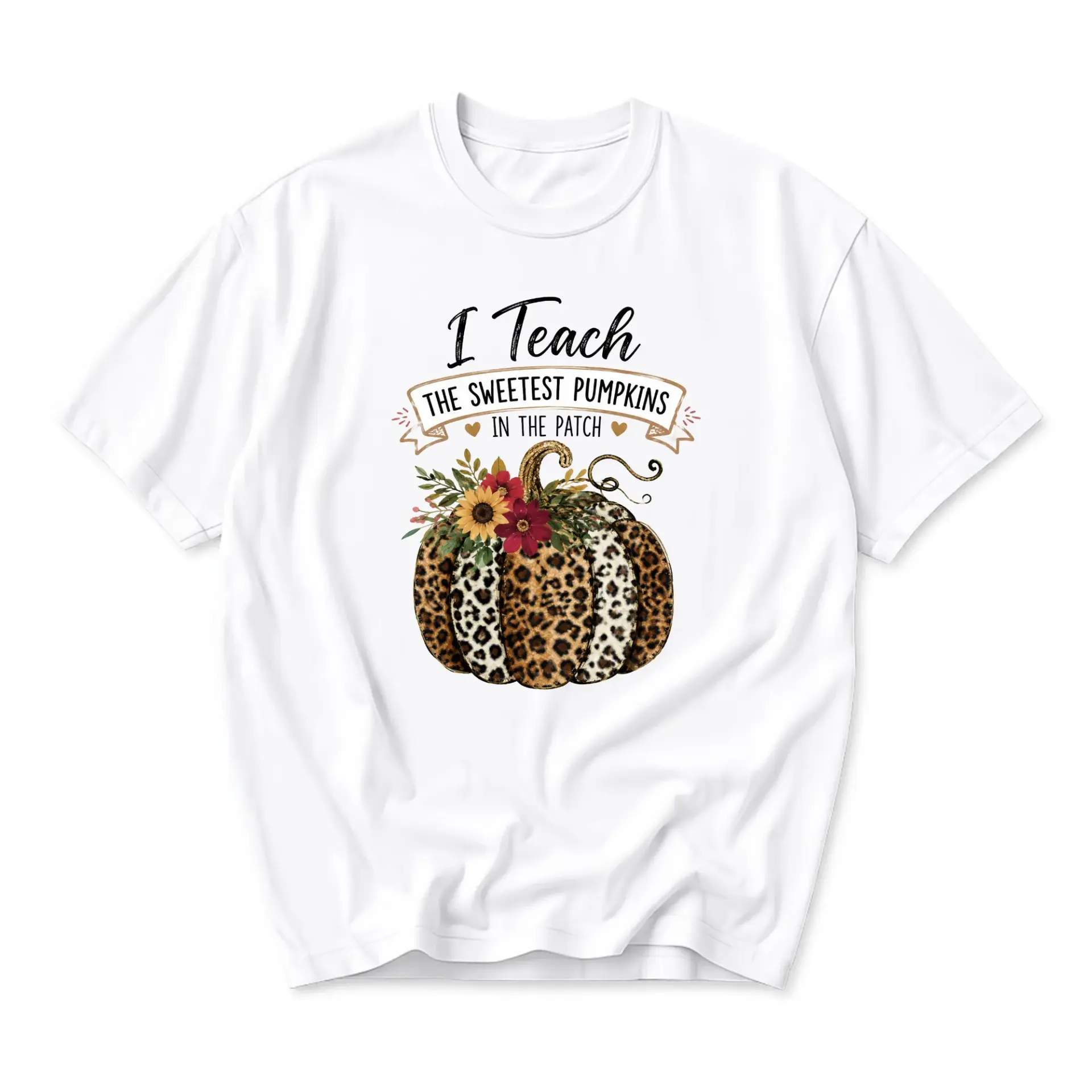 Graphic Tee I Teach the Sweetest Pumpkins in the Patch Fall Leopard Print Pumpkin Shirt Unisex Crew Neck Top
