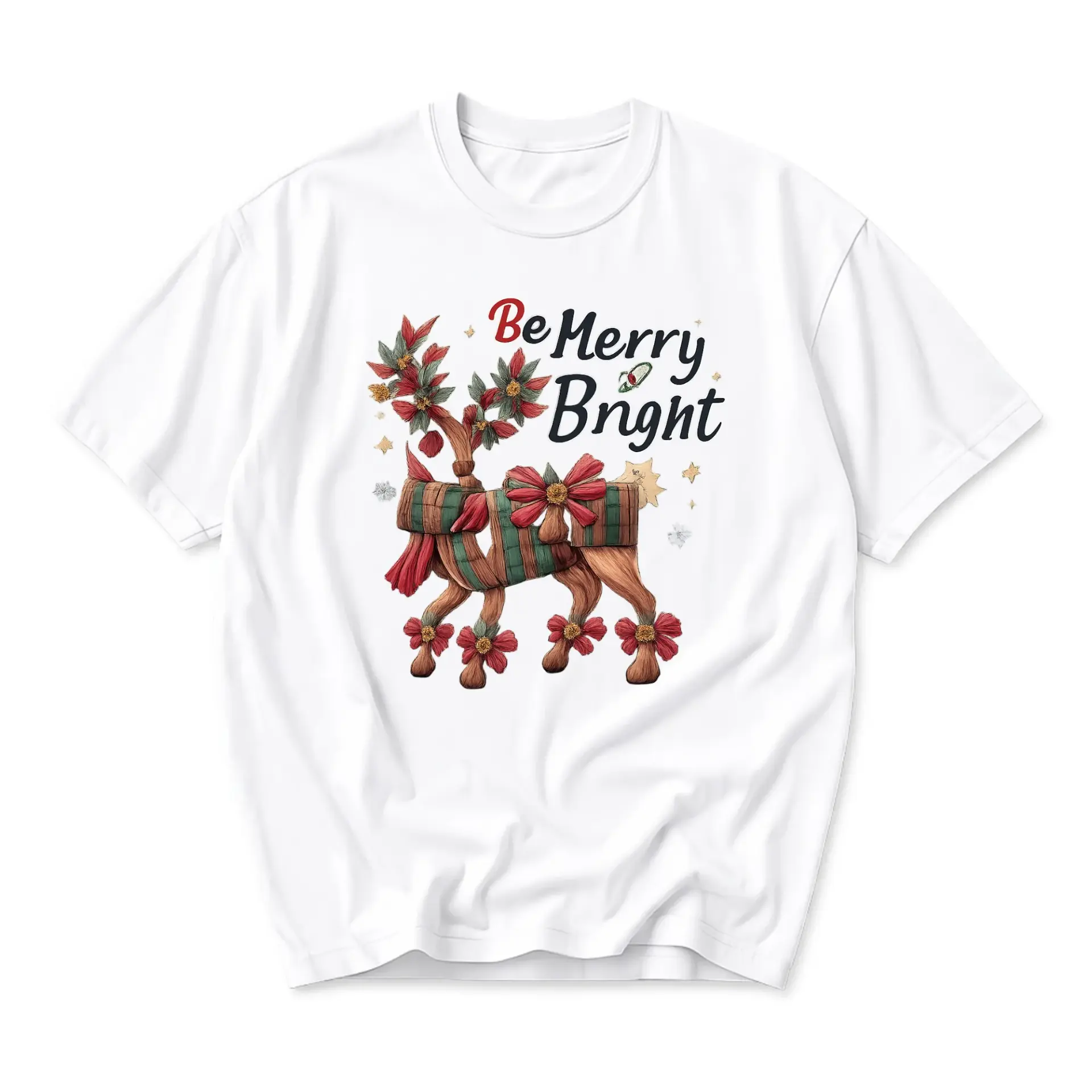 Graphic Tee Be Merry Bright Holiday Reindeer Print Unisex Crew Neck Shirt