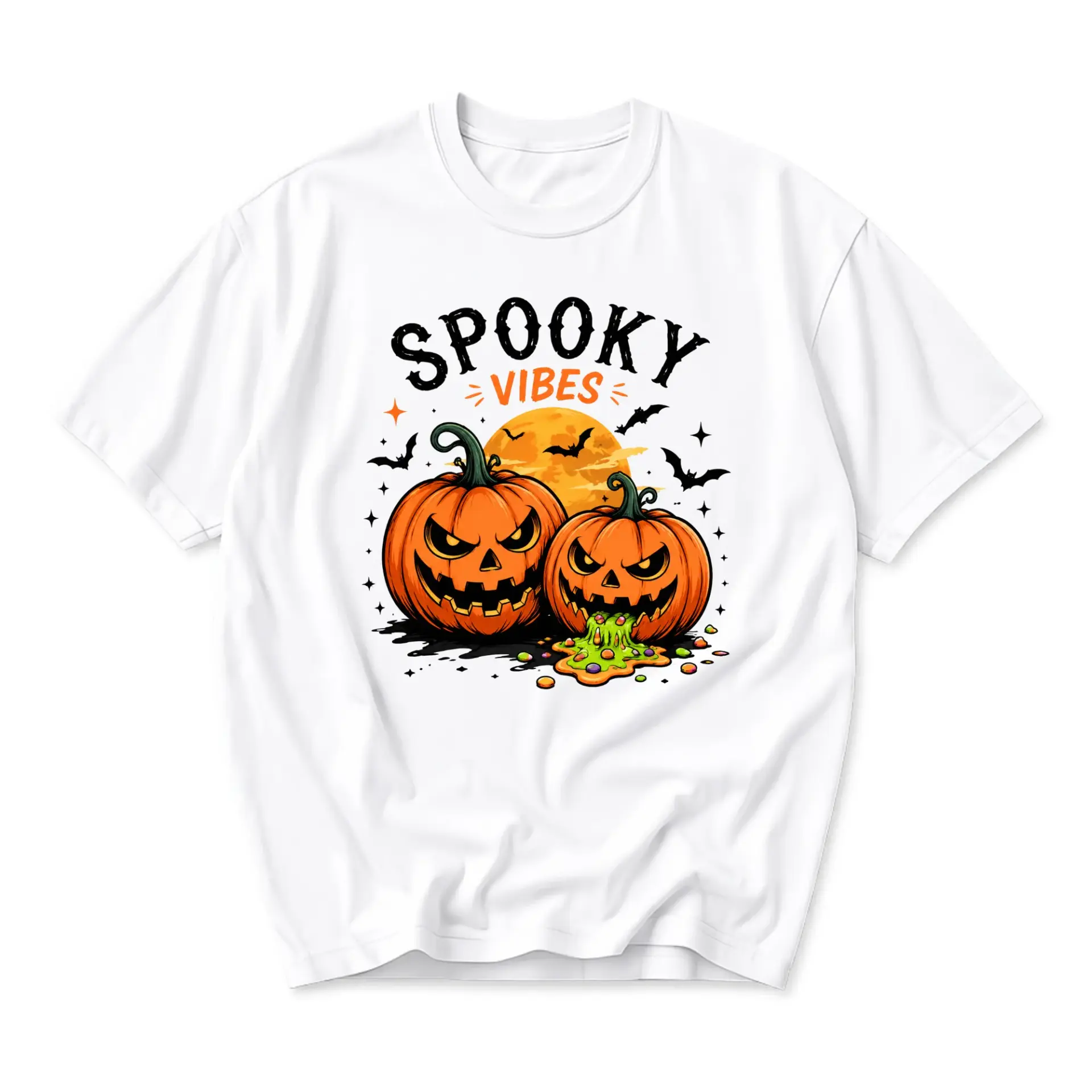 Graphic Tee Spooky Vibes Halloween Pumpkin Shirt Unisex Casual Apparel Seasonal Graphic Printed Cotton Crew Neck Top