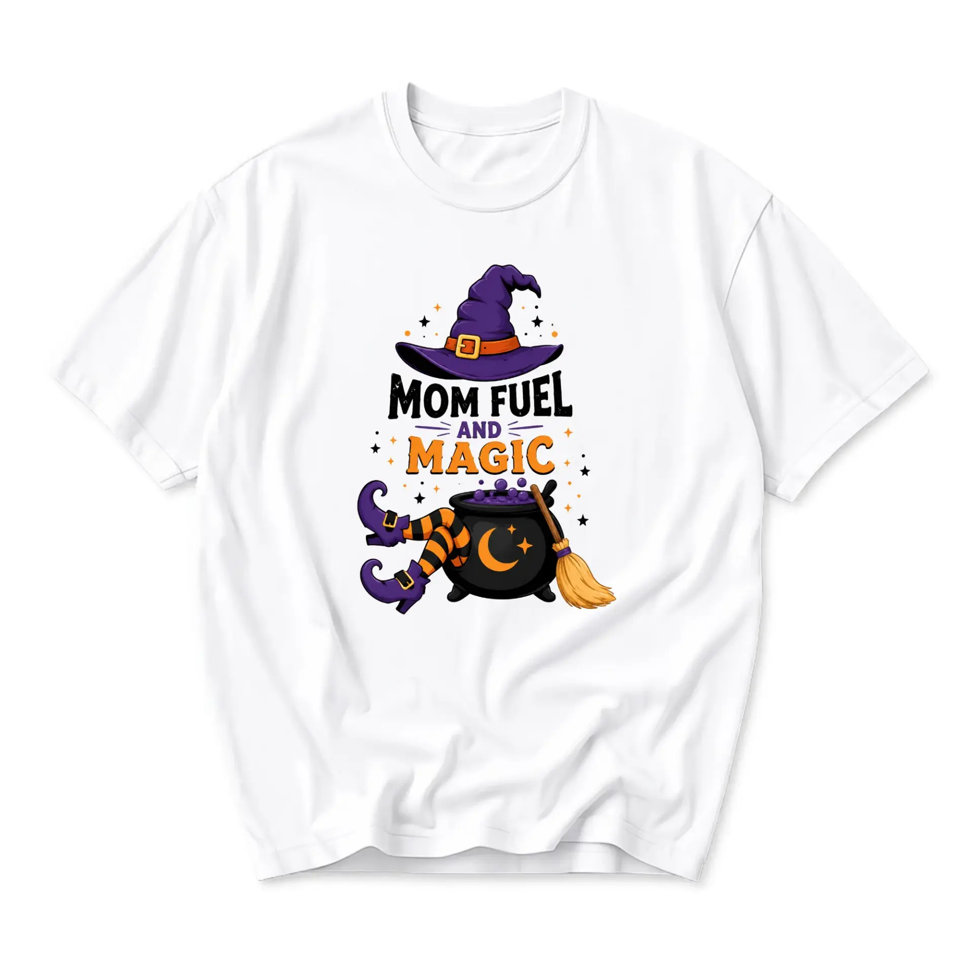 Funny Shirt Mom Fuel and Magic Witch Cauldron Graphic Tee Unisex Casual Crew Neck Short Sleeve Cotton Blend Top
