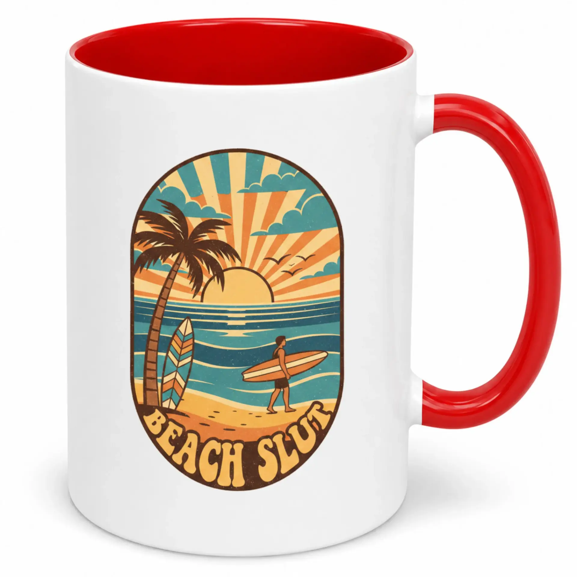 Funny Ceramic Coffee Mug with Retro Beach Sunset Surfer Design, Ocean Lover's Drinkware for Home or Office, Unique Gift Idea