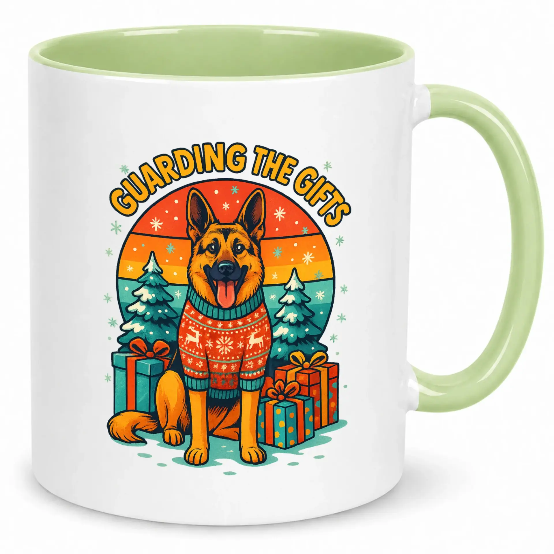 Funny German Shepherd Christmas Coffee Mug with Holiday Dog Guarding Gifts Design, 11oz Ceramic Drinkware for Home and Office