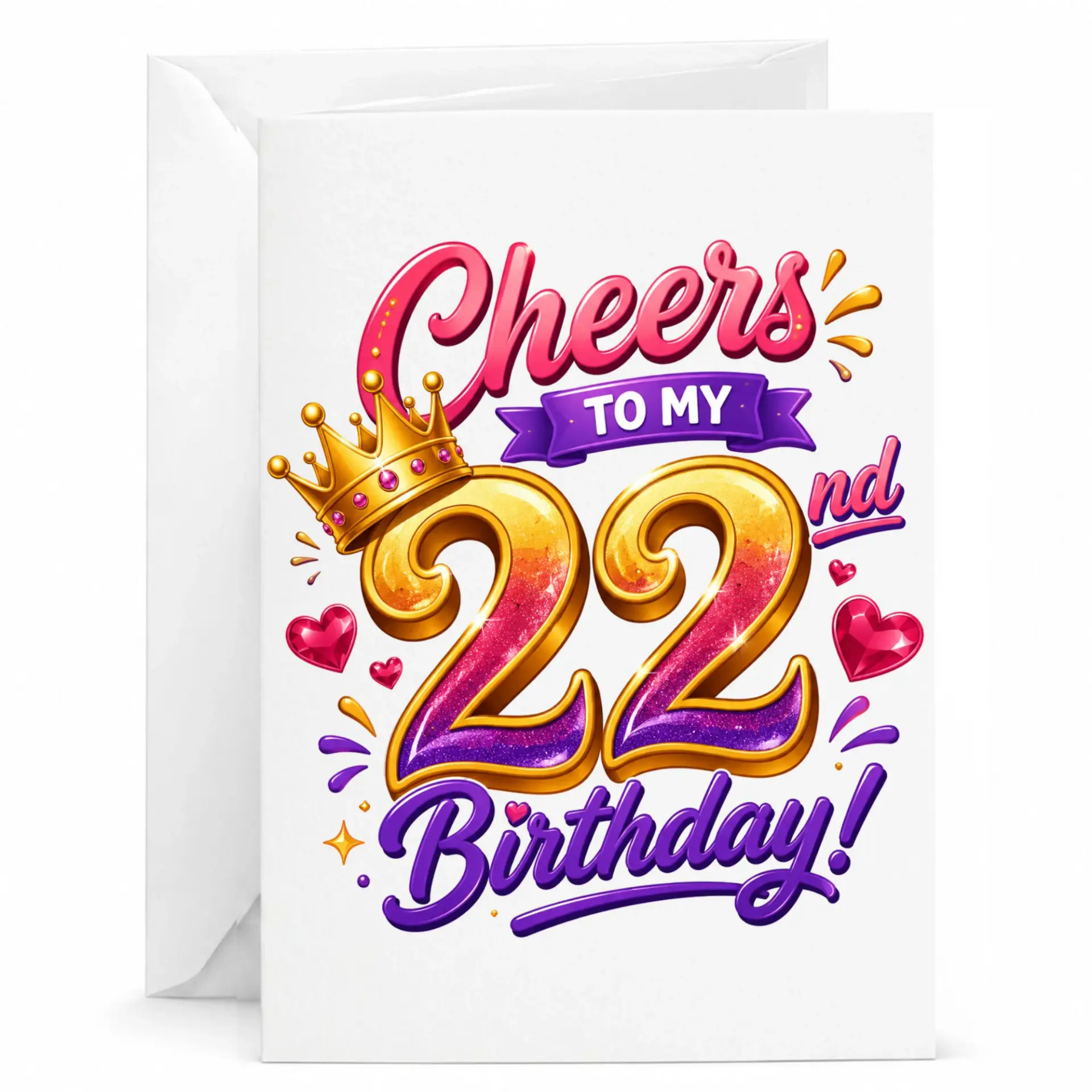 Birthday Card Cheers to My 22nd Birthday Vibrant Gold Crown and Sparkle Design Printed Greeting Card for 22 Years Old