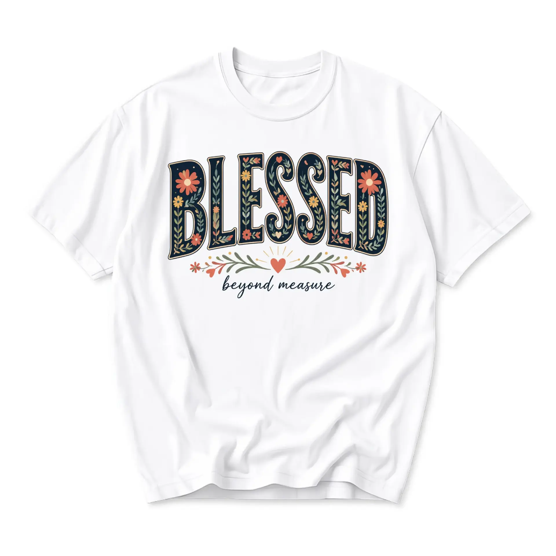 T-shirt Blessed Beyond Measure Floral Graphic Tee Inspirational Quote Short Sleeve Casual Crew Neck Unisex Apparel
