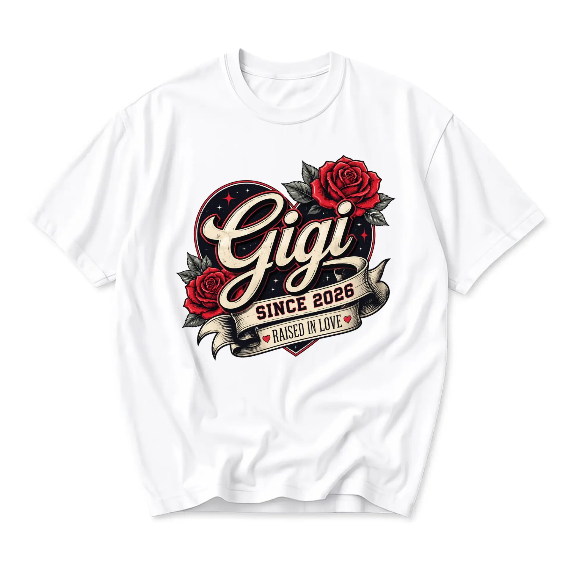 T-shirt Gigi Since 2026 Raised in Love Floral Heart Graphic Tee Unisex Crew Neck Casual Everyday Apparel Top White
