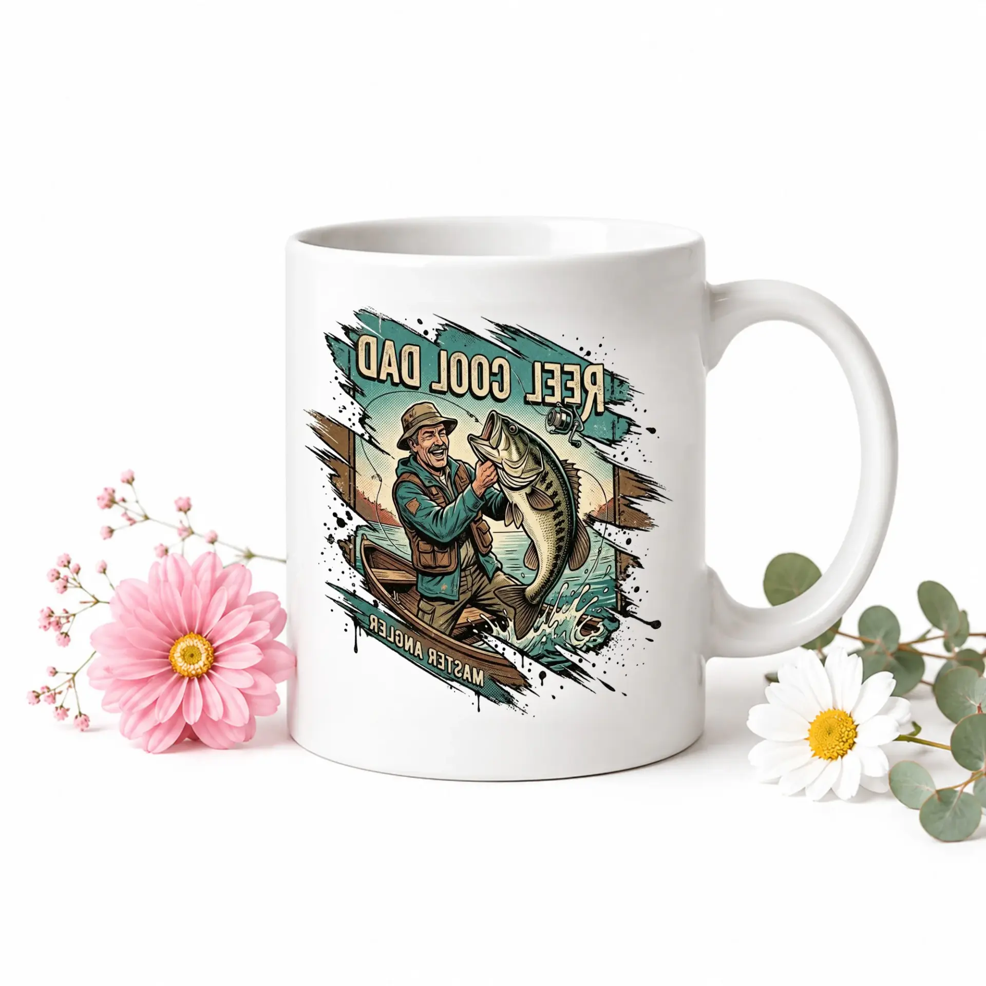 Reel Cool Dad Angler Fishing Coffee Mug with Contrast Blue Handle and Rim for Beverage Enthusiasts Hobbyists