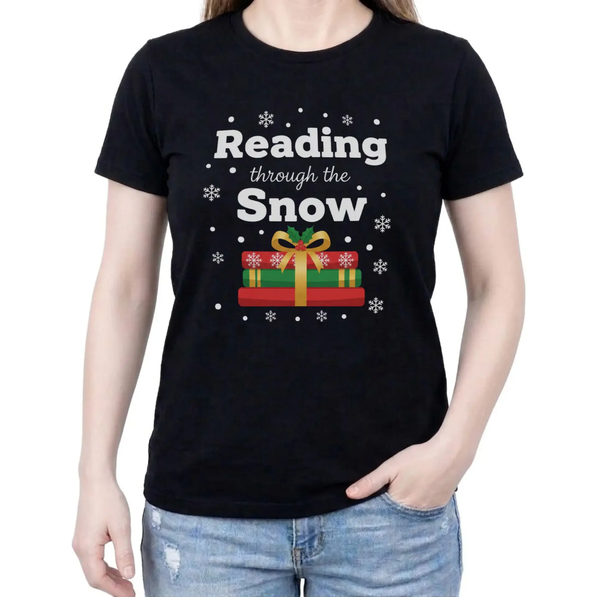 Graphic Tee Reading Through the Snow Funny Book Lover Shirt Winter Holiday Casual Unisex Crew Neck Apparel