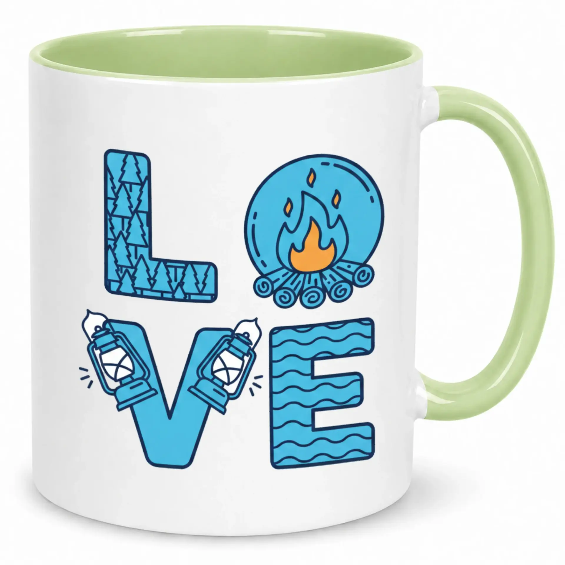 Ceramic Coffee Mug, Outdoor Adventure Theme Love Design with Campfire, Trees, Lanterns, Waves, Nature Lover Drinkware Gift for Enthusiasts