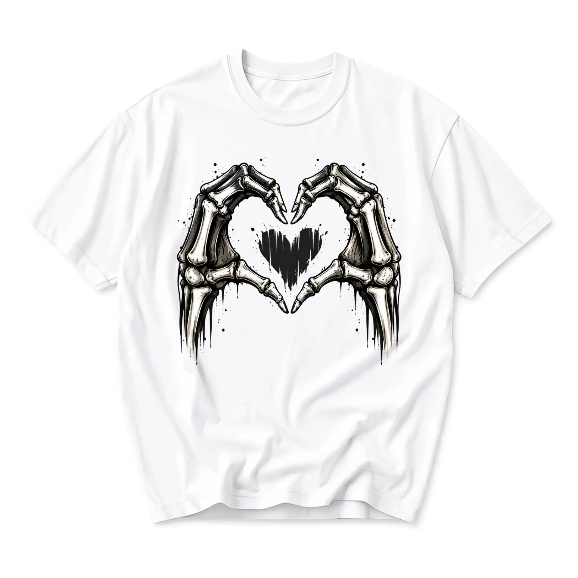 Graphic Tee Unisex Skeleton Hands Heart Design Casual Everyday Crew Neck Cotton Blend Soft Comfortable Apparel White Shirt