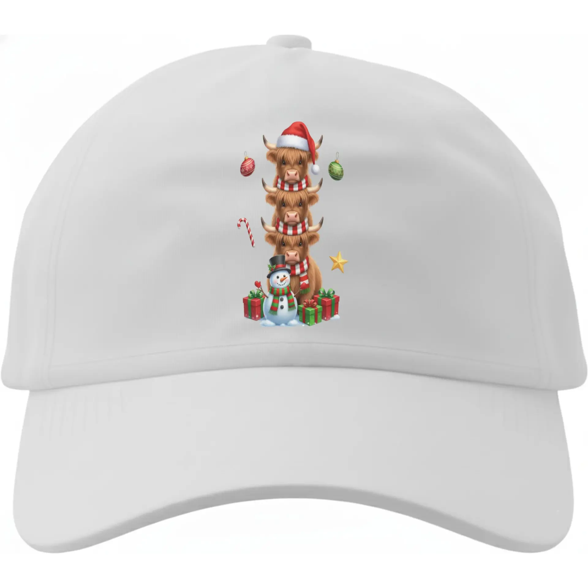 Dad Hat Christmas Highland Cow Graphic Baseball Cap Cute Holiday Animal Print Cotton Blend Adjustable Summer Hat White