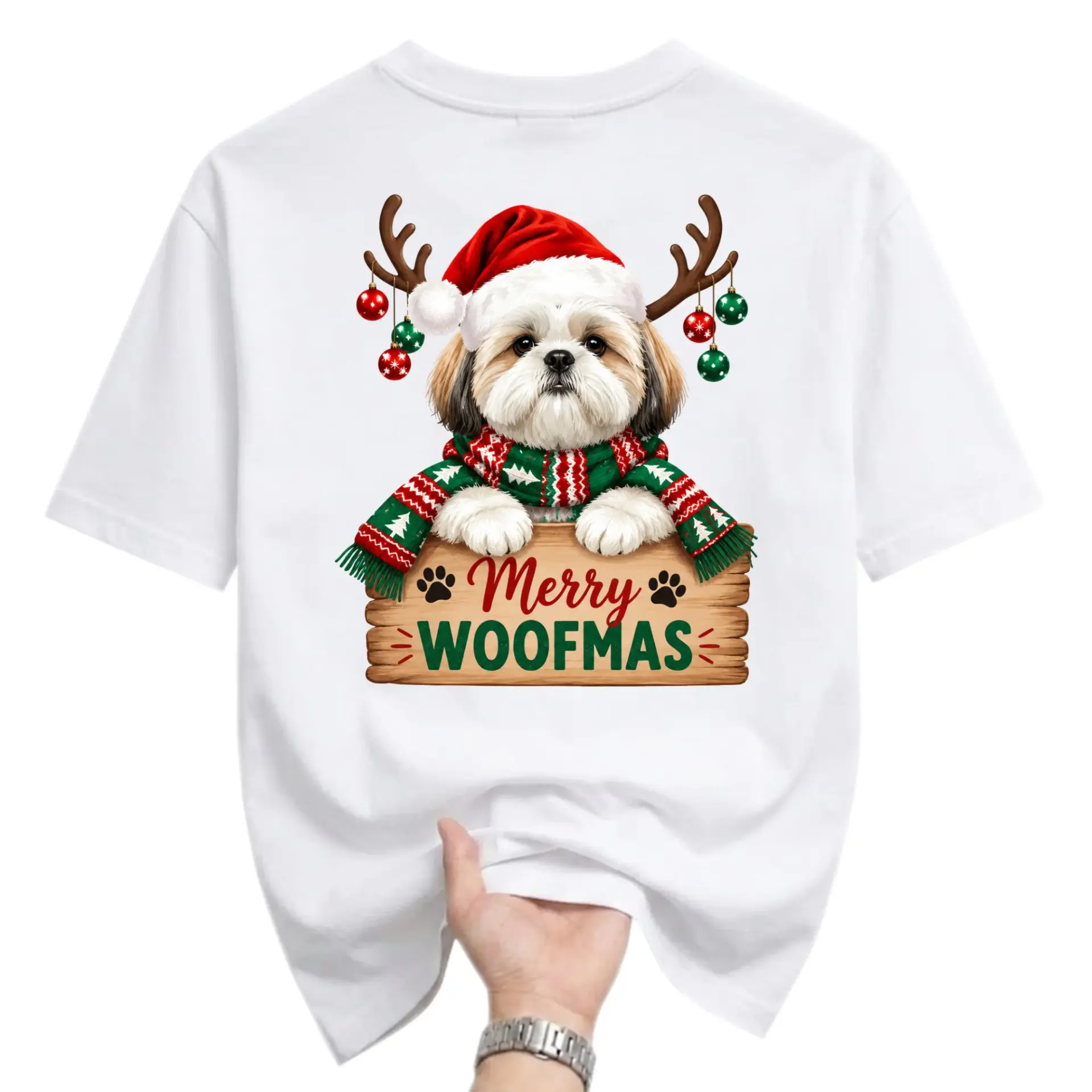 T-shirt Merry Woofmas Cute Shih Tzu Dog Christmas Graphic Tee Unisex Crew